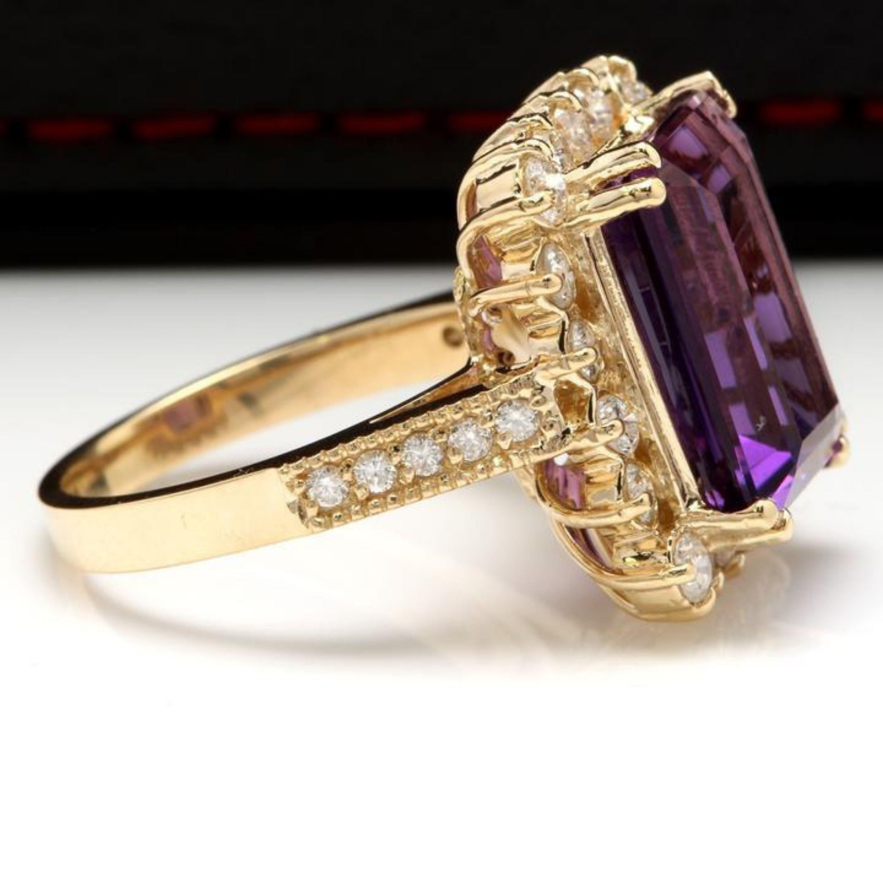 8.65 Carats Natural Amethyst and Diamond 14K Solid Yellow Gold Ring

Total Natural Emerald Cut Amethyst Weights: Approx. 7.50 Carats

Amethyst Measures: Approx. 14.16 x 10.16mm

Natural Round Diamonds Weight: Approx. 1.15 Carats (color G-H / Clarity