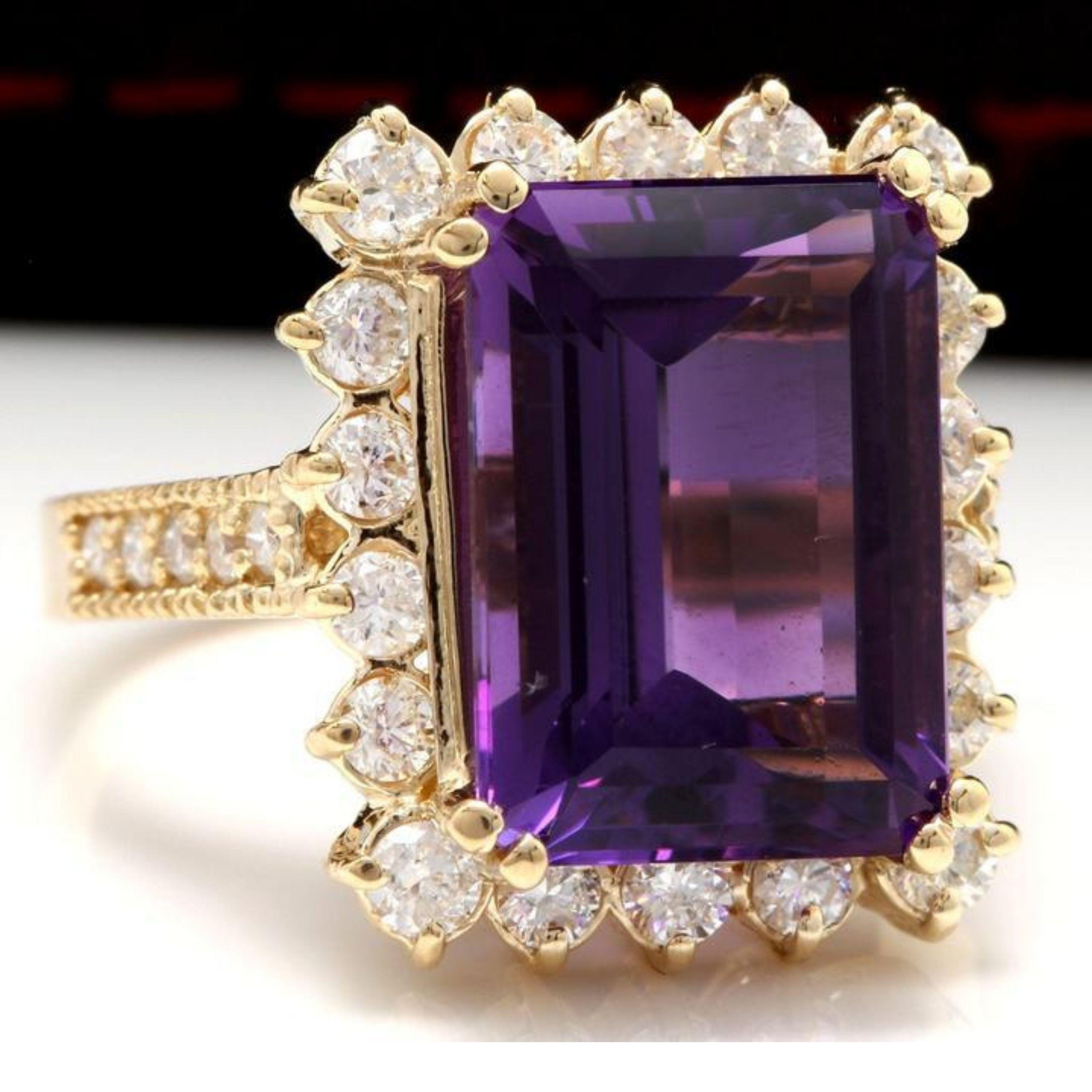 Mixed Cut 8.65 Carat Natural Amethyst and Diamond 14 Karat Solid Yellow Gold Ring For Sale
