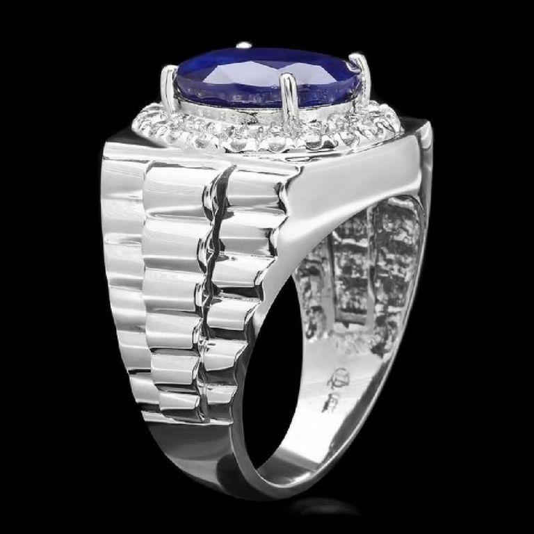 Bague Homme Or Blanc 14k Diamant Et Saphir Bleu - Taille 10 - Vintage Occasion