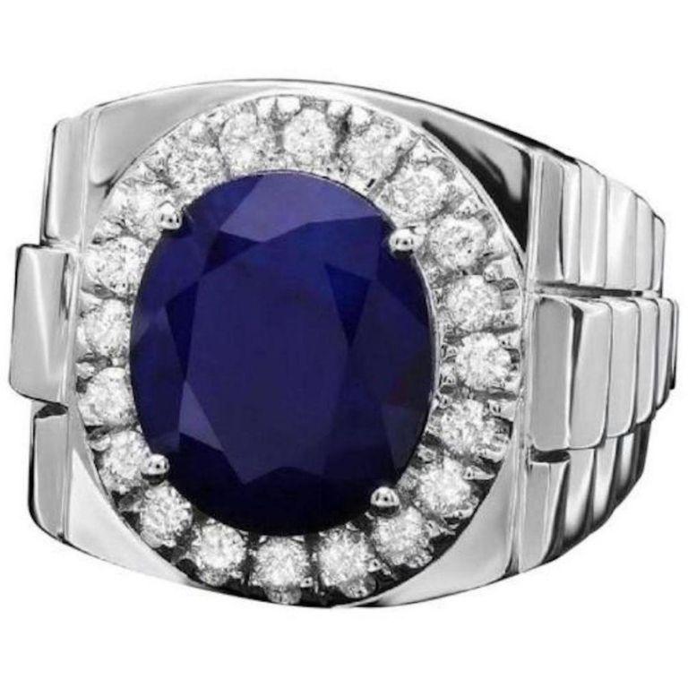 8.65 Carat Natural Diamond and Blue Sapphire 14 Karat Solid Gold Men's Ring In New Condition For Sale In Los Angeles, CA