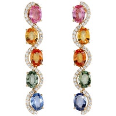 8.65 CT Multi-Color Sapphires 0.73 CT Diamonds 14K Yellow Gold Dangle Earrings