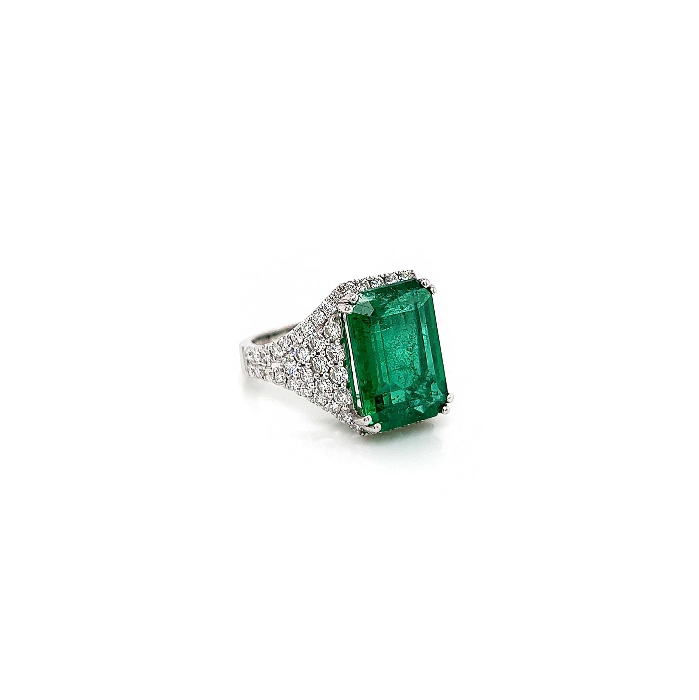 Emerald Cut 8.65 Total Carat Emerald and Diamond Pave-Set Ladies Ring GIA For Sale