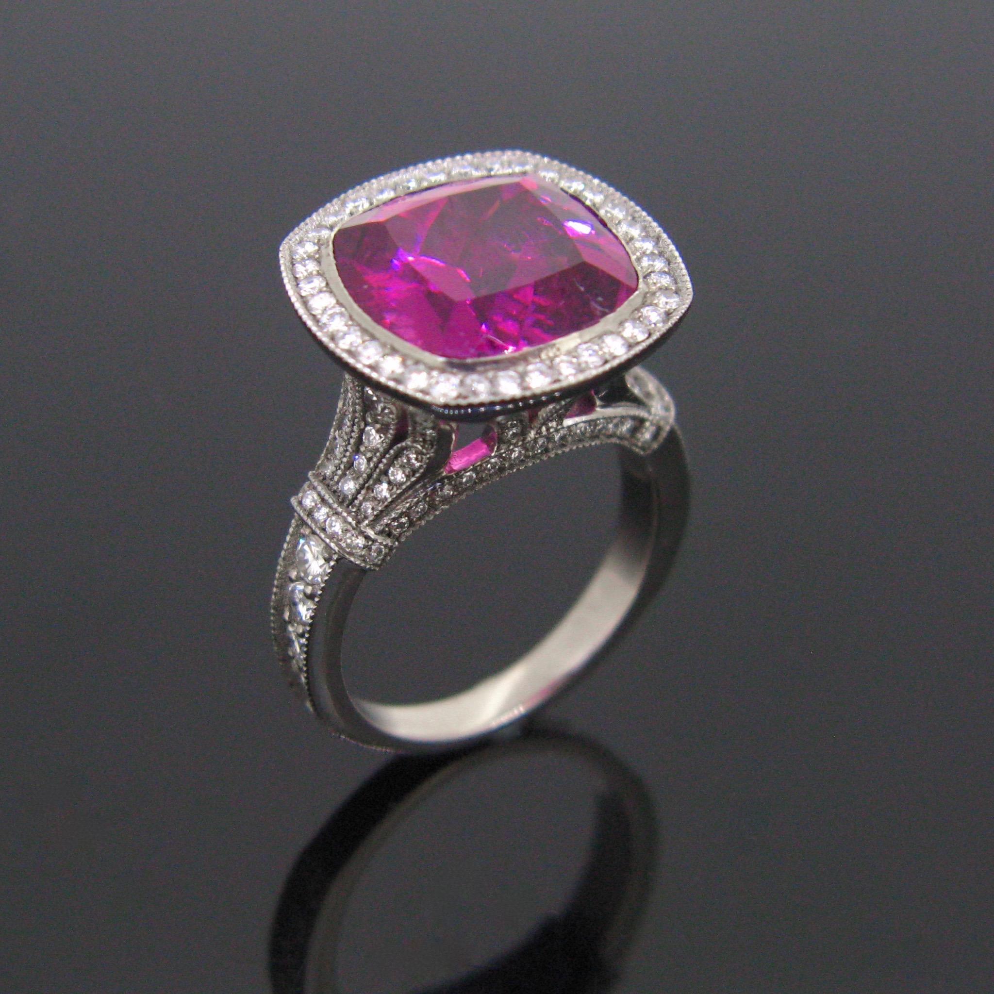 This new ring features a pink Rubellite tourmaline with a vibrant colour; it weighs 8.65ct. The ring is made in 18kt white gold and has 148 round brilliant cut diamonds set on the mount. Pink tourmaline is known for bringing an influx of love, joy