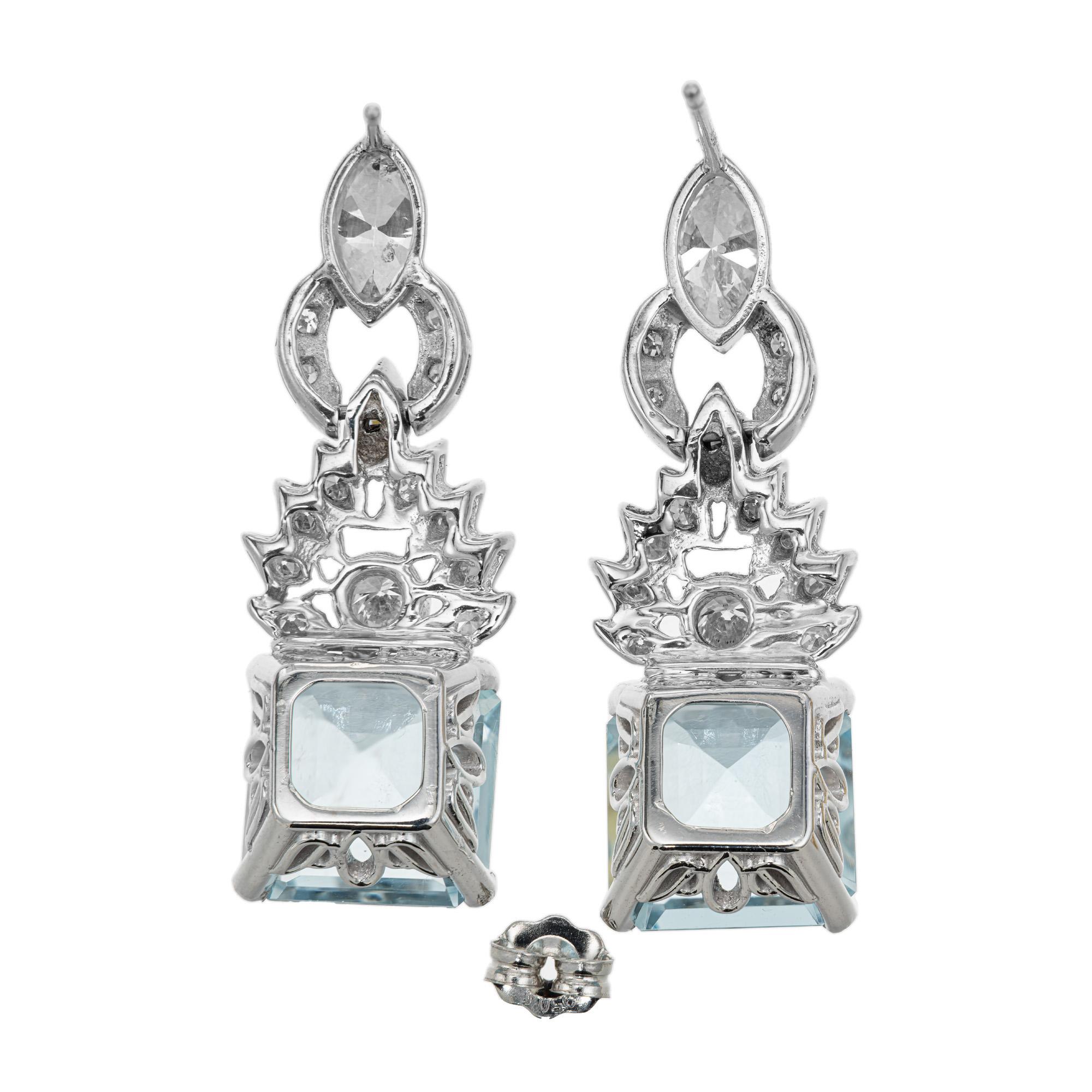 Square Cut 8.66 Carat Aqua Diamond Mid-Century Platinum Dangle Earrings  For Sale