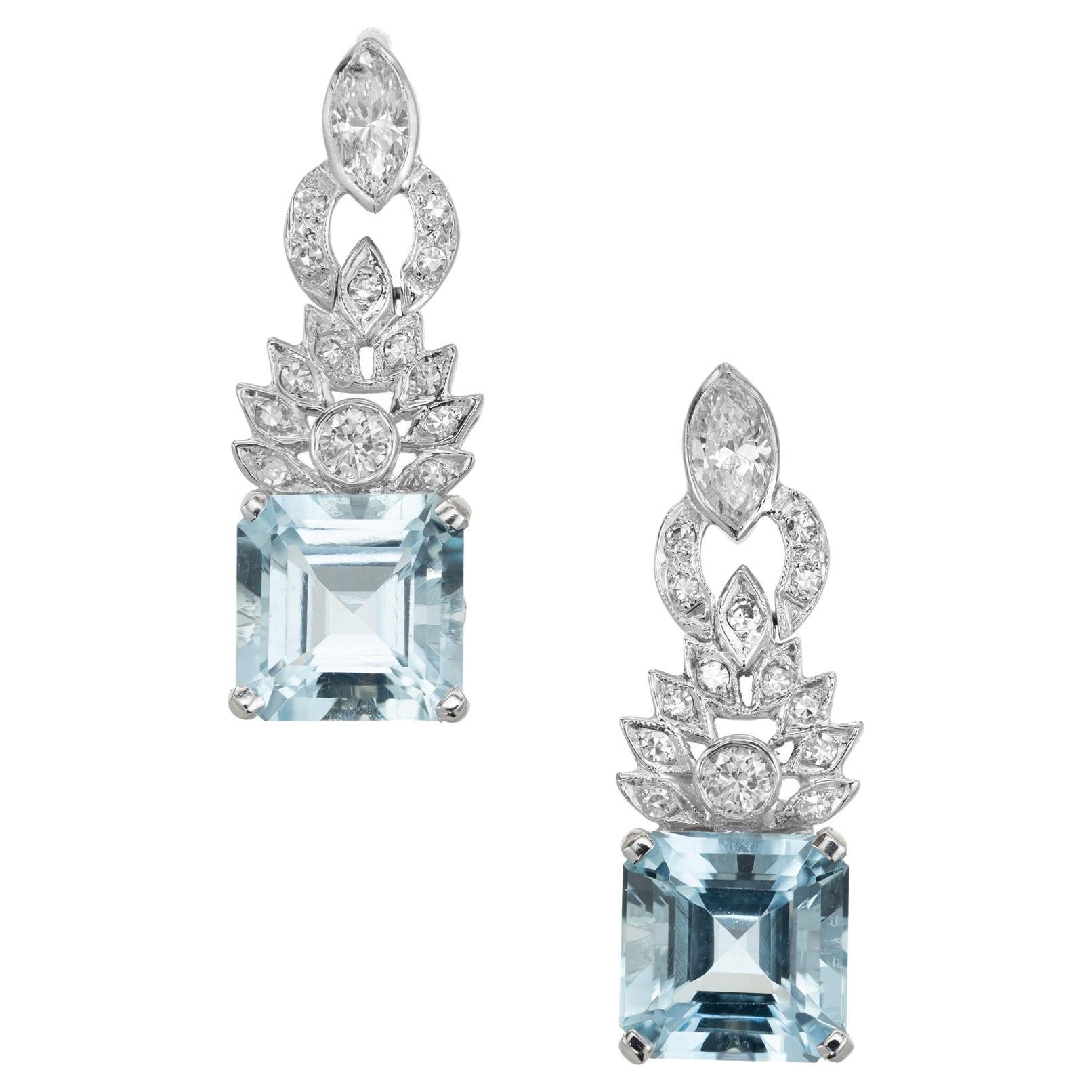 8.66 Carat Aqua Diamond Mid-Century Platinum Dangle Earrings 