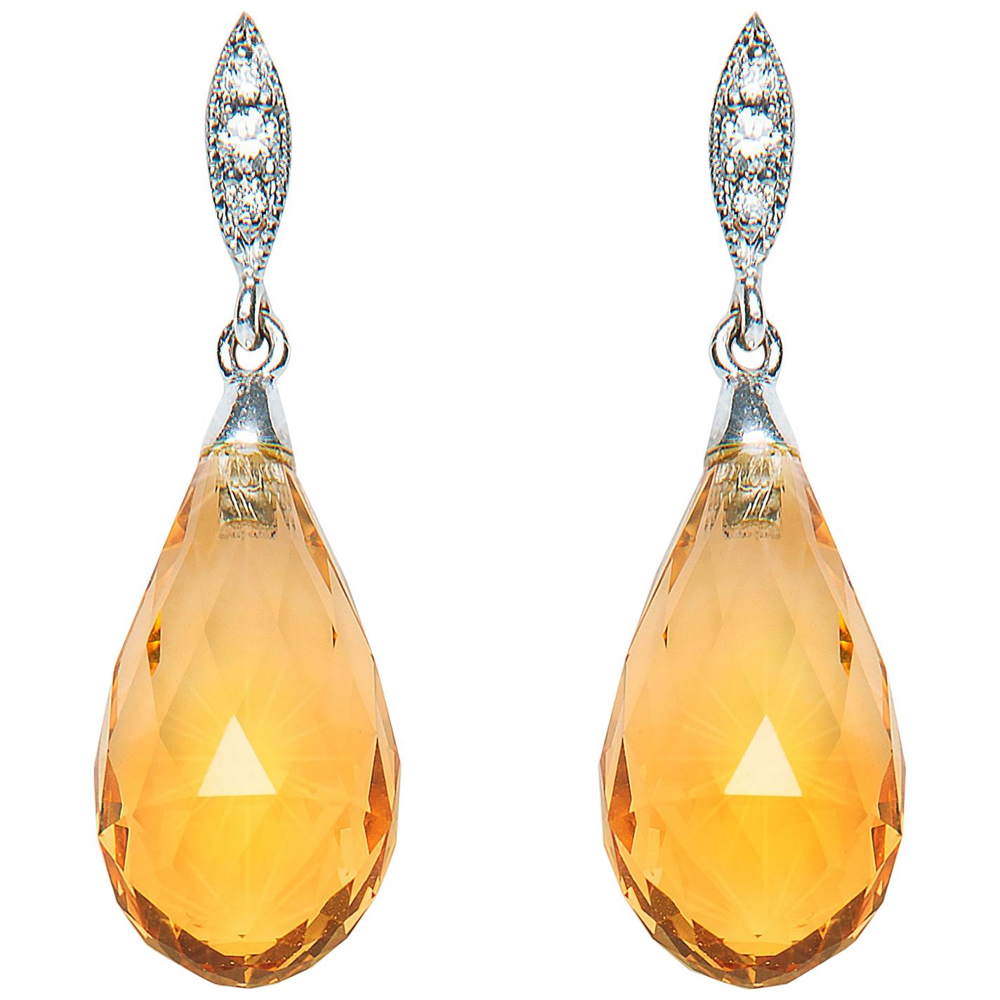 8.66 Carat Briolette Citrine Diamond 18 Karat Gold Drop Earrings Natalie Barney