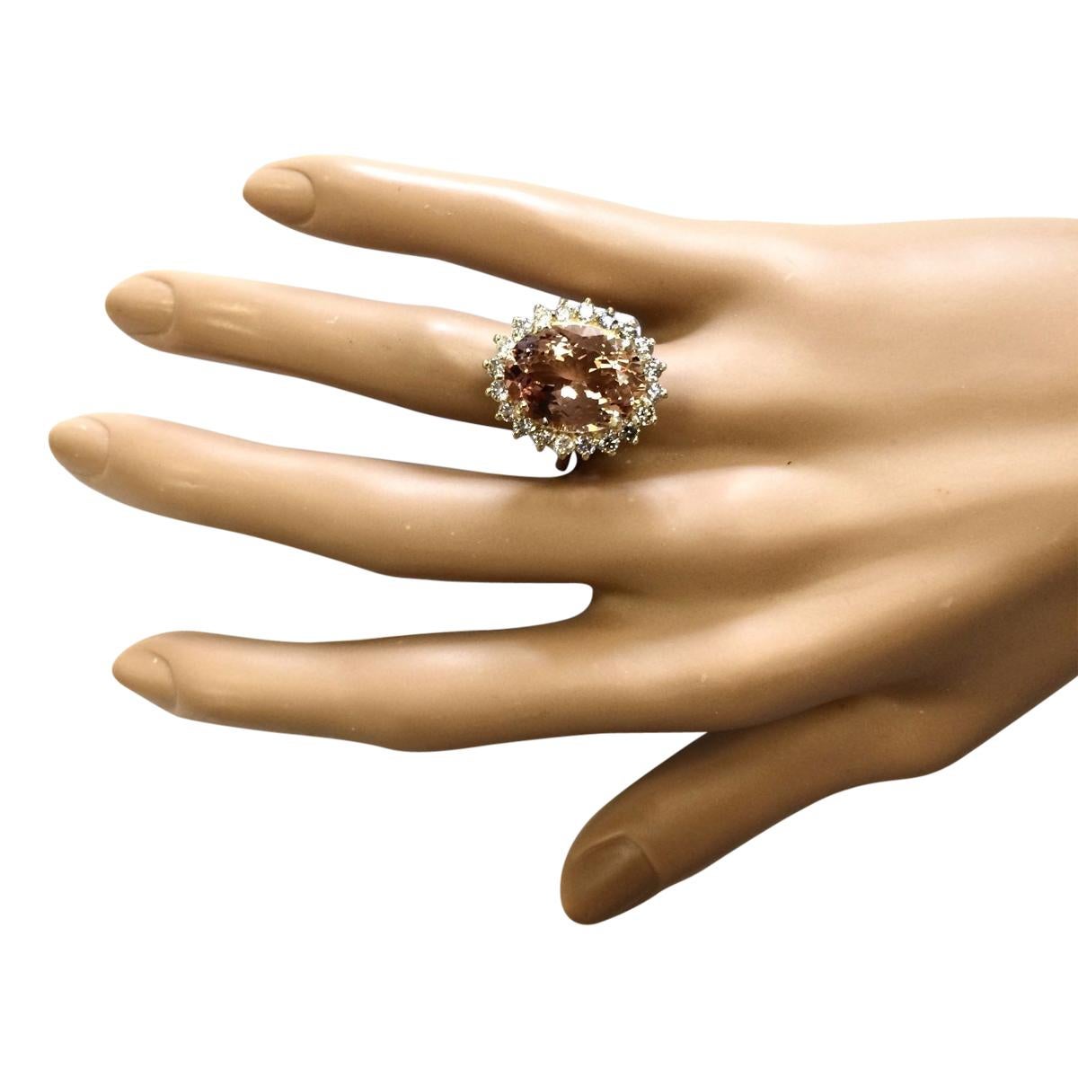 Oval Cut Morganite Diamond Ring In 14 Karat Yellow Gold For Sale