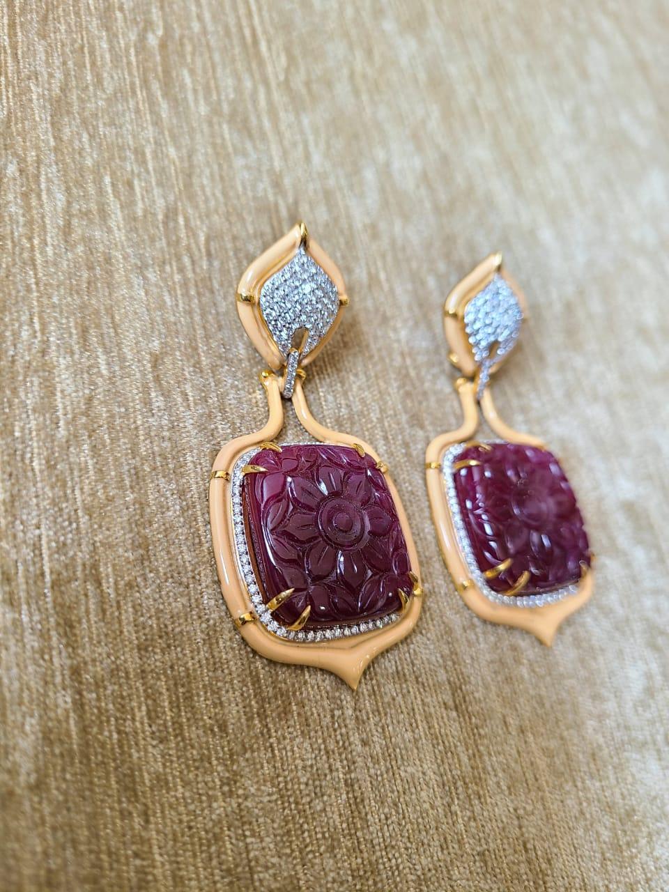Modern 86.65 Carat Natural Ruby Carved Enamel and Diamond Earrings Set in 18 Karat Gold
