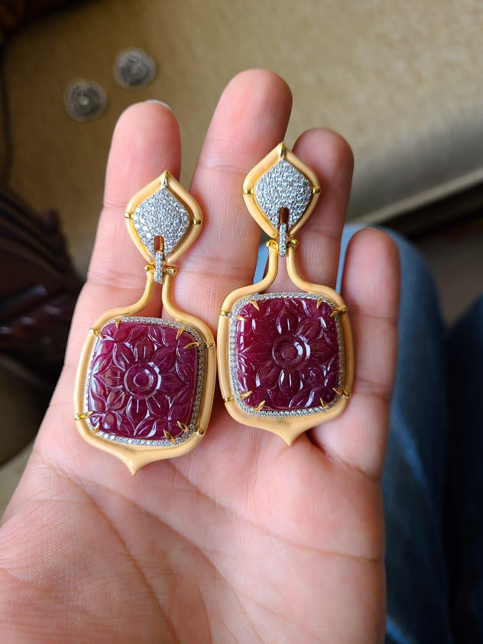 Cabochon 86.65 Carat Natural Ruby Carved Enamel and Diamond Earrings Set in 18 Karat Gold