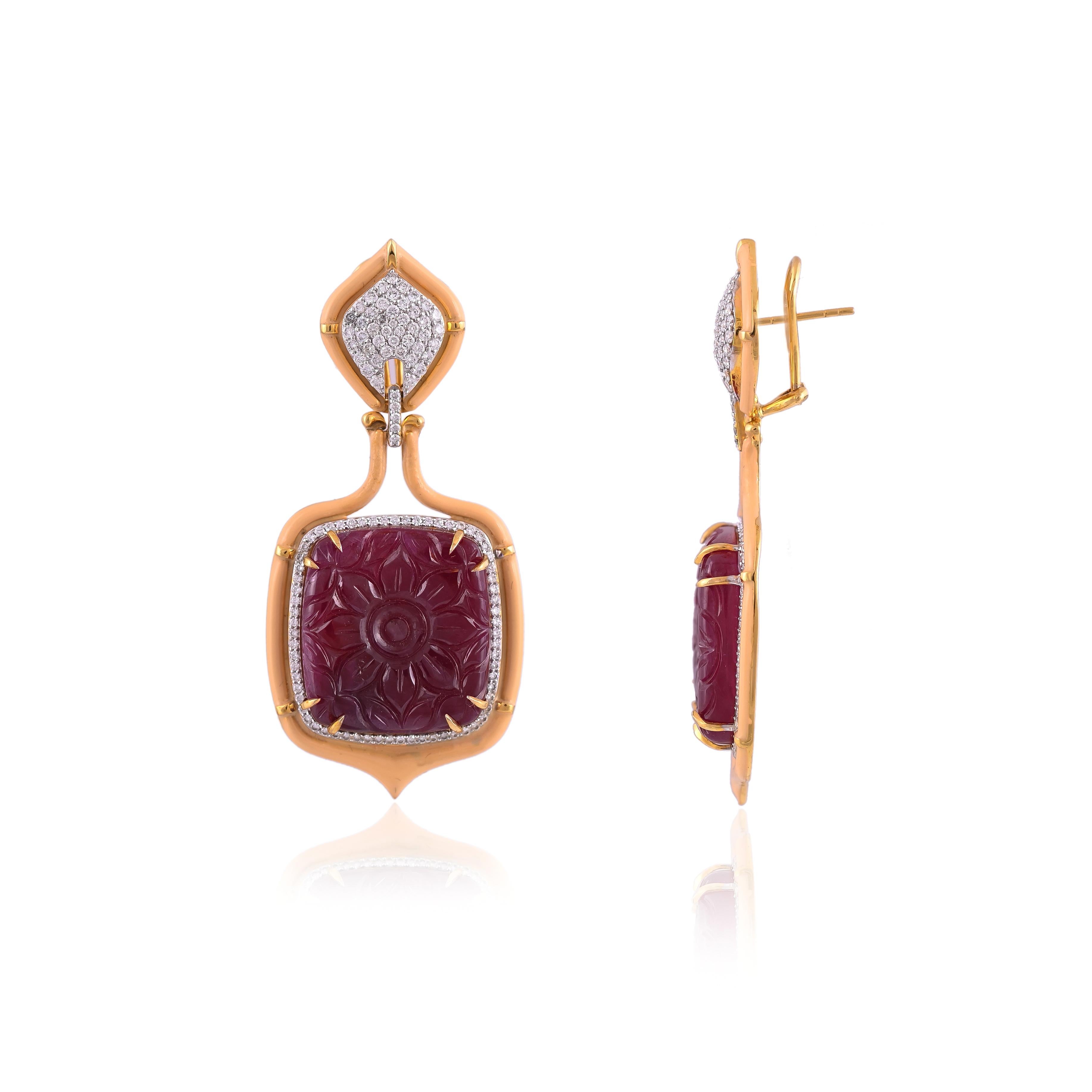 Women's 86.65 Carat Natural Ruby Carved Enamel and Diamond Earrings Set in 18 Karat Gold