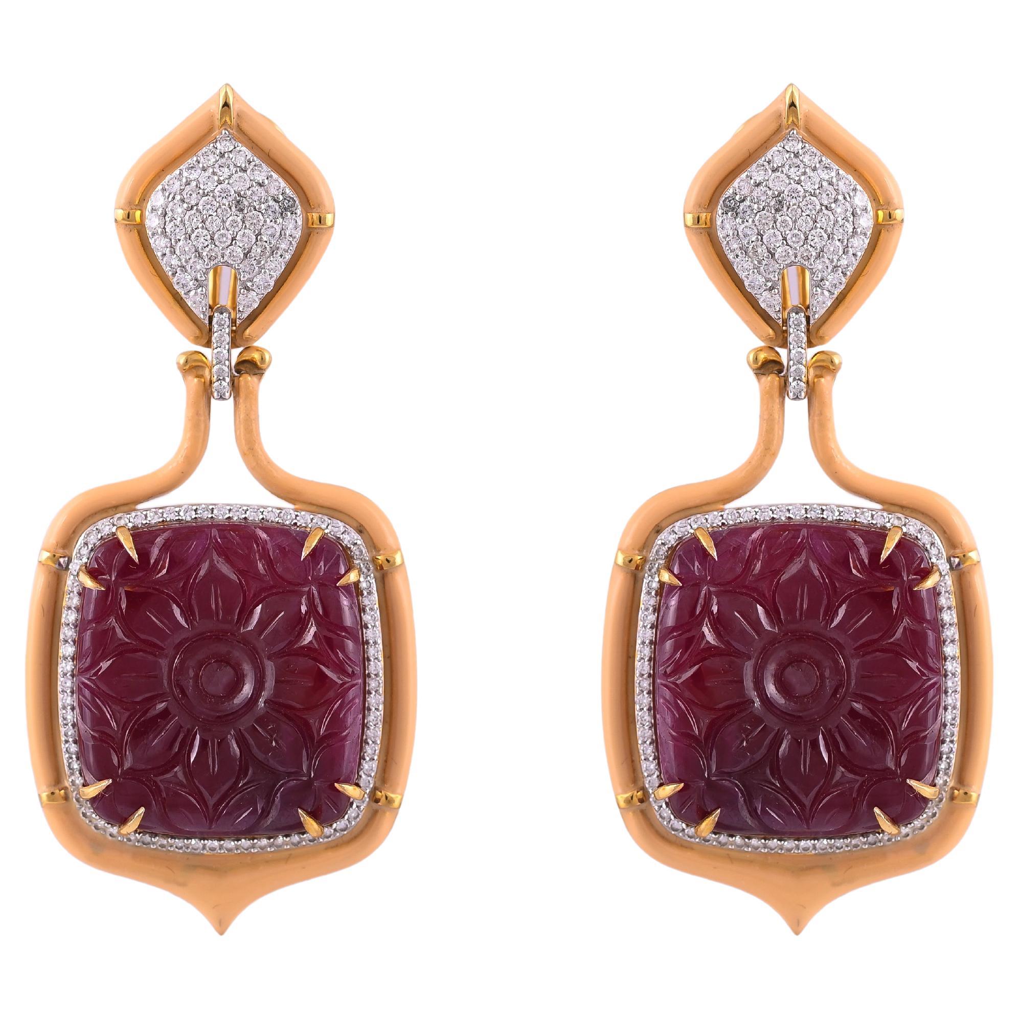 86.65 Carat Natural Ruby Carved Enamel and Diamond Earrings Set in 18 Karat Gold