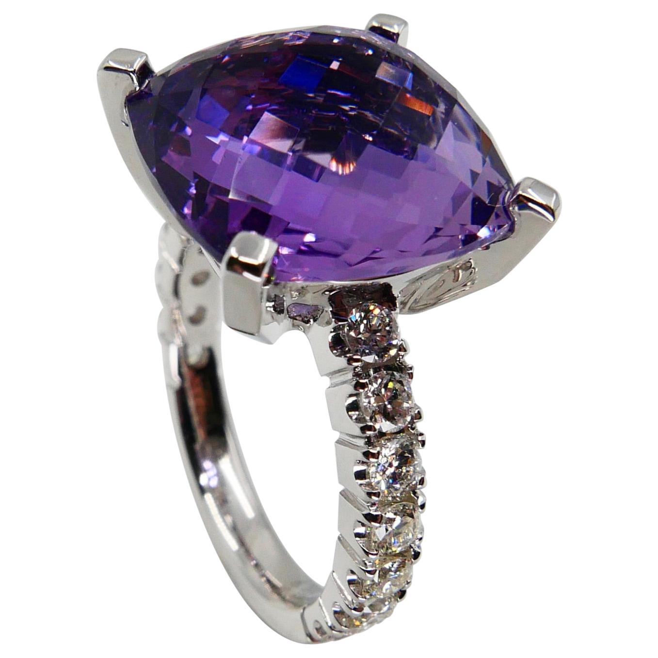 8.67 Carat Faceted Amethyst and Diamond Cocktail Ring, 18 Karat White Gold For Sale