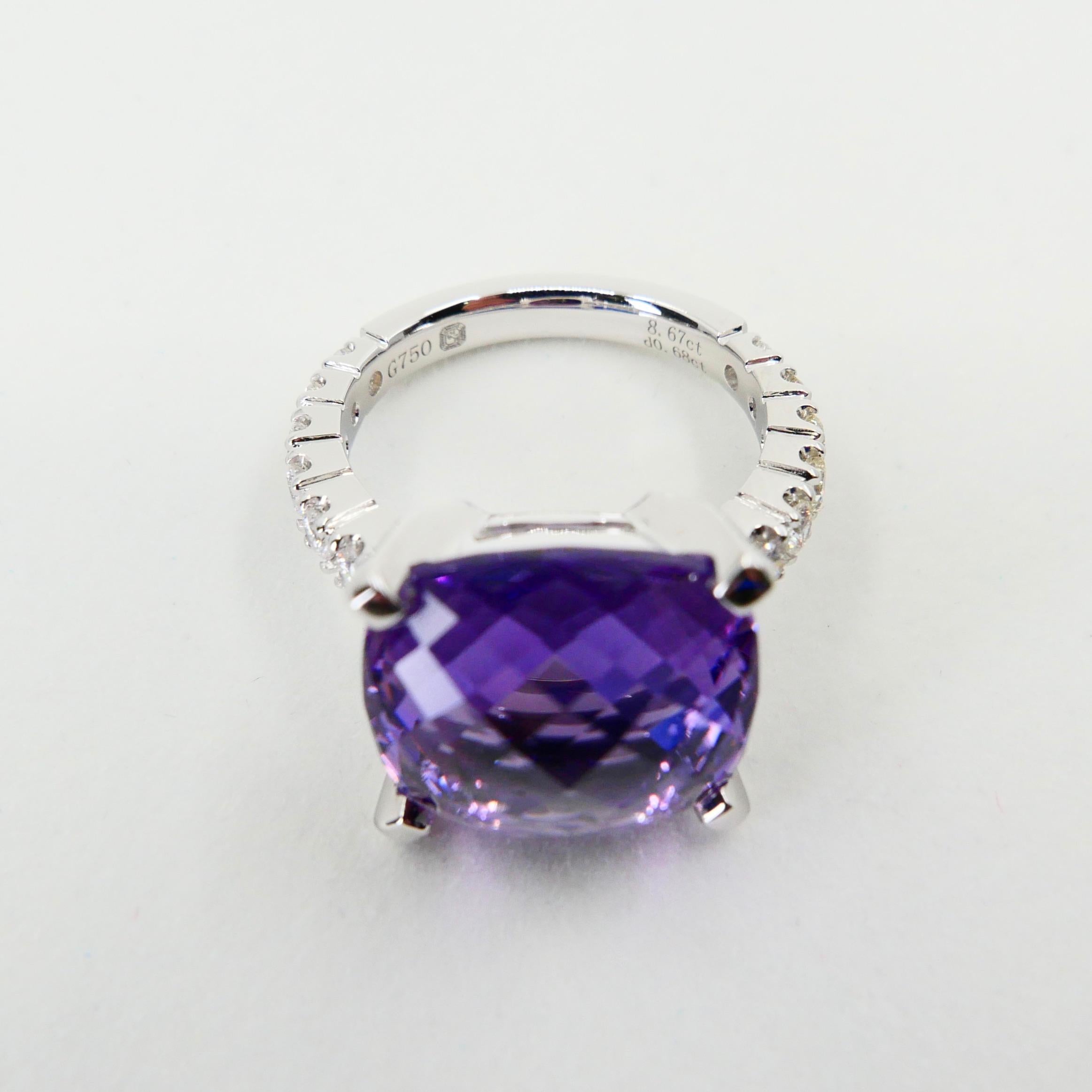 8.67 Carat Faceted Amethyst and Diamond Cocktail Ring, 18 Karat White Gold For Sale 5