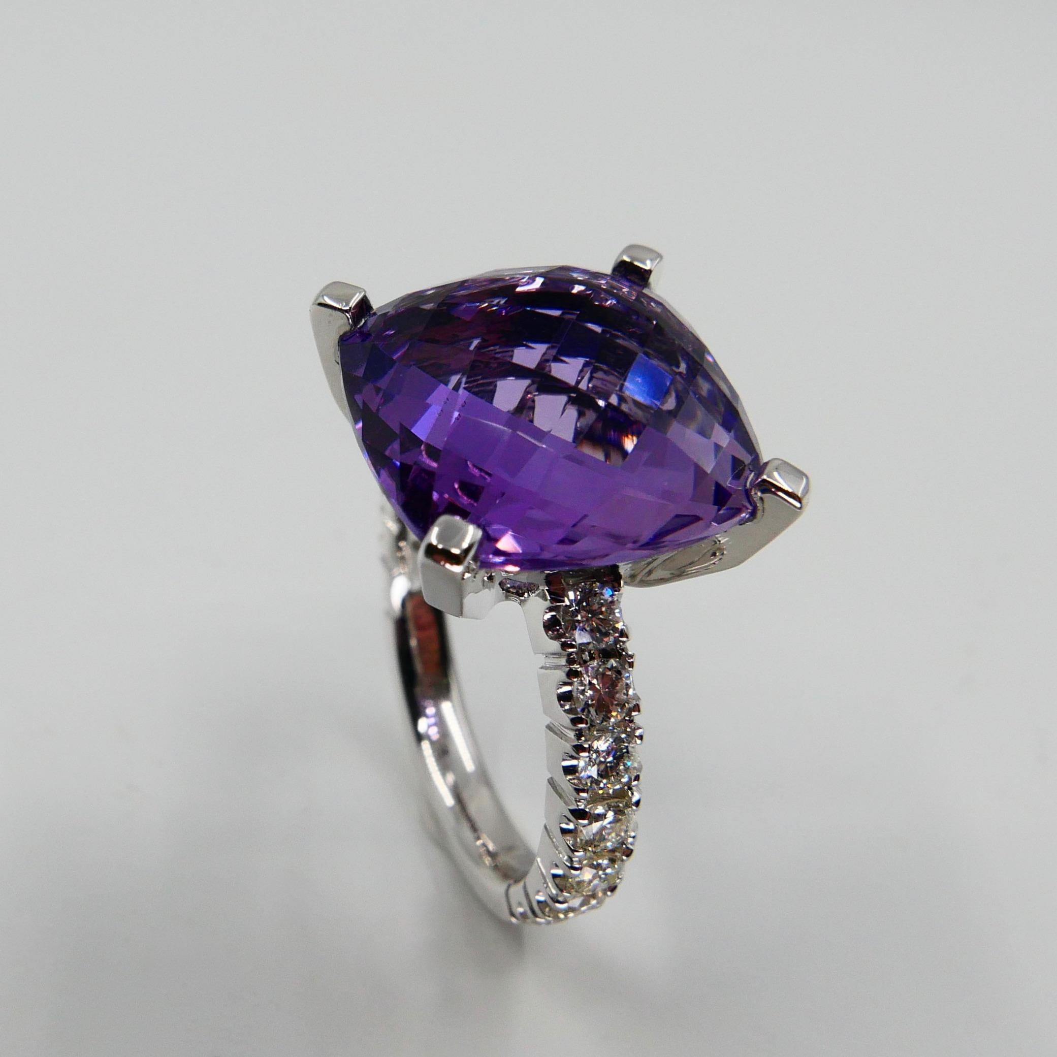 8.67 Carat Faceted Amethyst and Diamond Cocktail Ring, 18 Karat White Gold For Sale 6