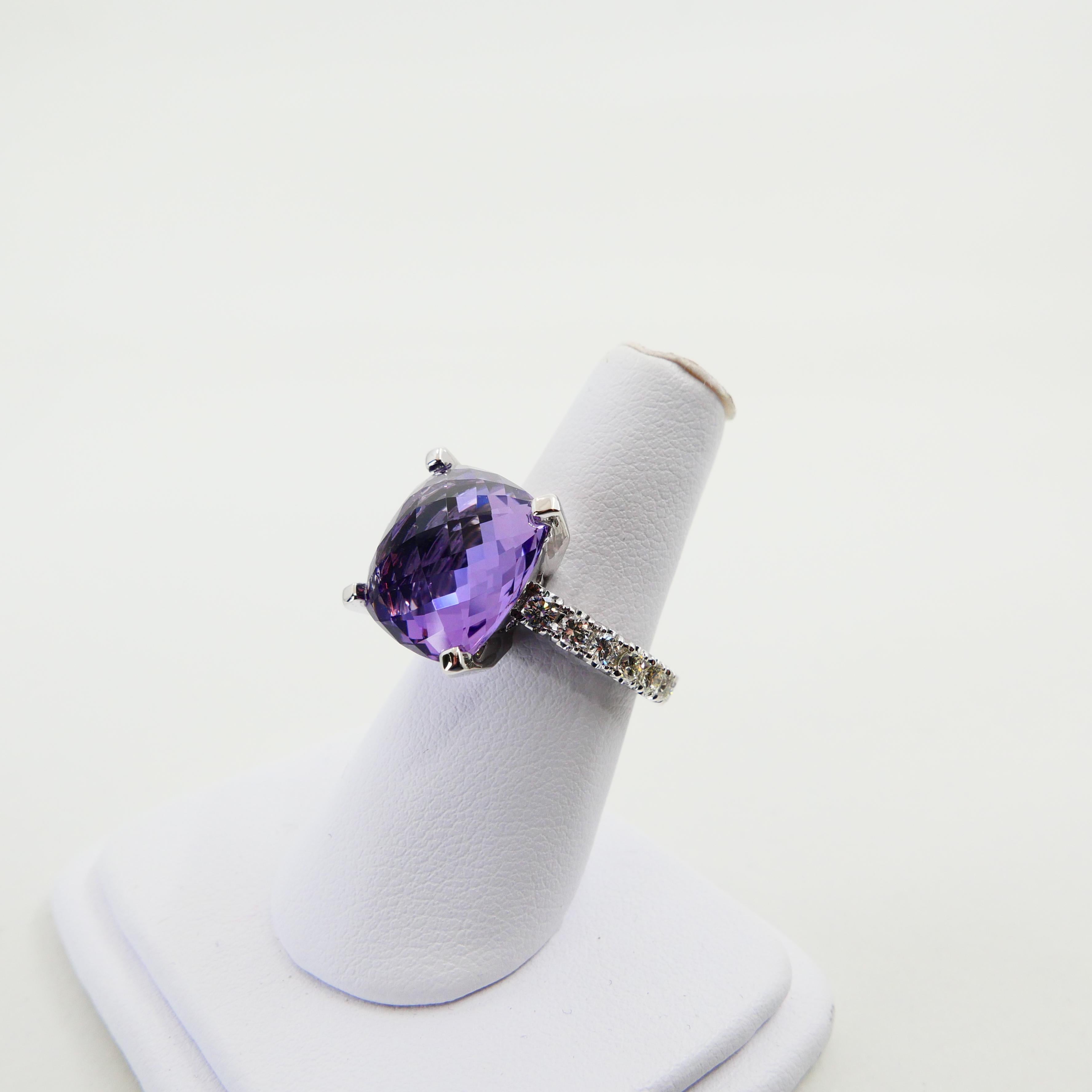 8.67 Carat Faceted Amethyst and Diamond Cocktail Ring, 18 Karat White Gold For Sale 7