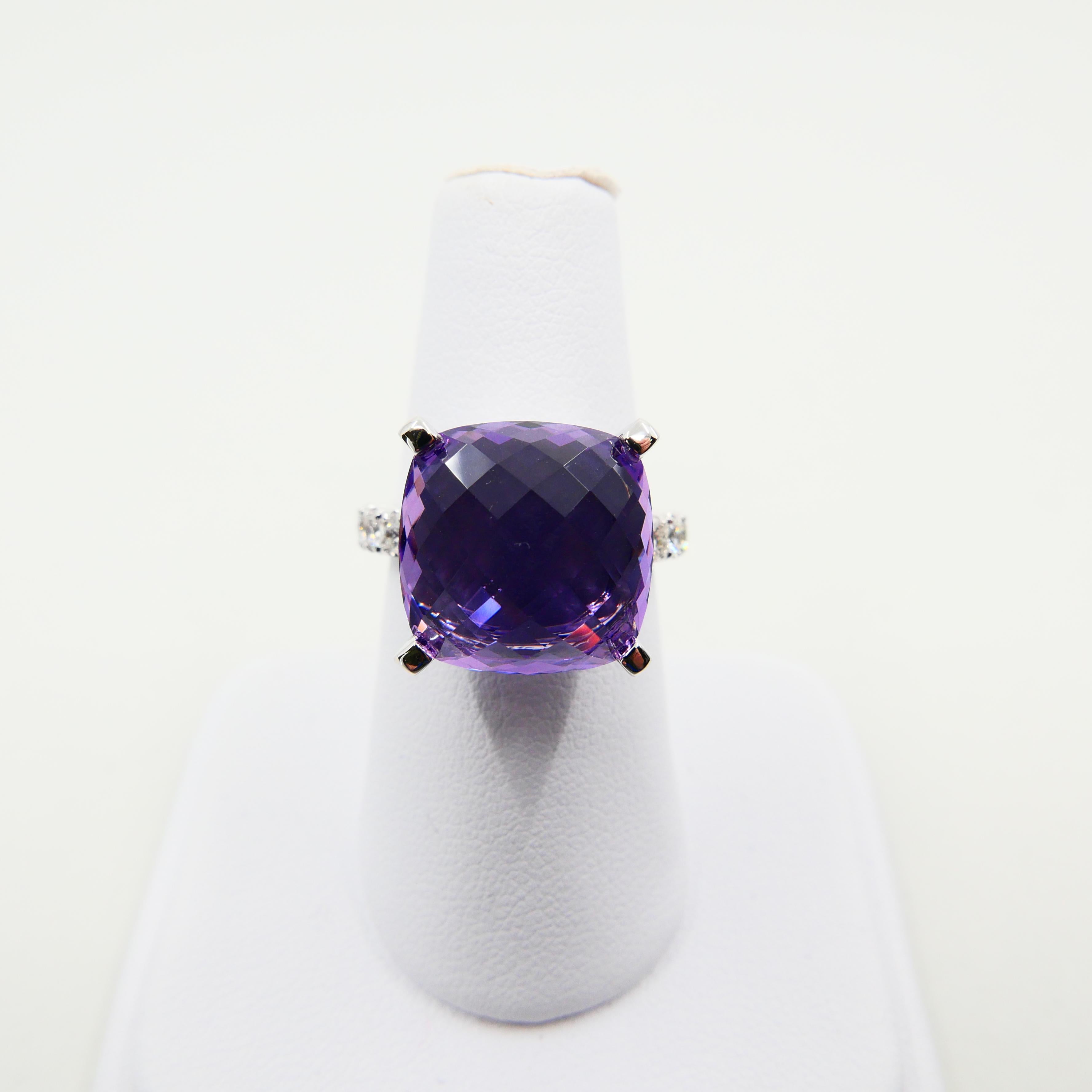 8.67 Carat Faceted Amethyst and Diamond Cocktail Ring, 18 Karat White Gold For Sale 8