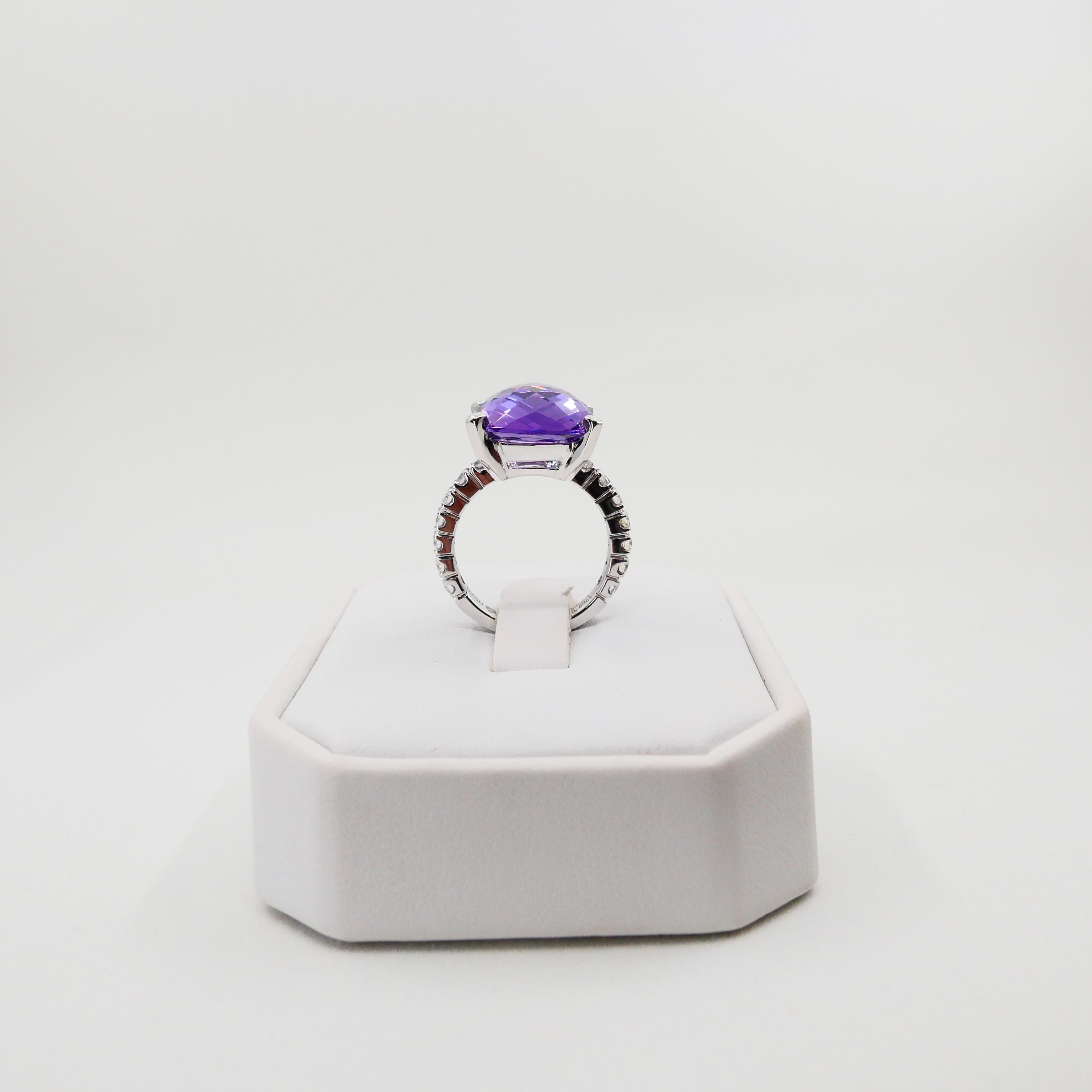 8.67 Carat Faceted Amethyst and Diamond Cocktail Ring, 18 Karat White Gold For Sale 9