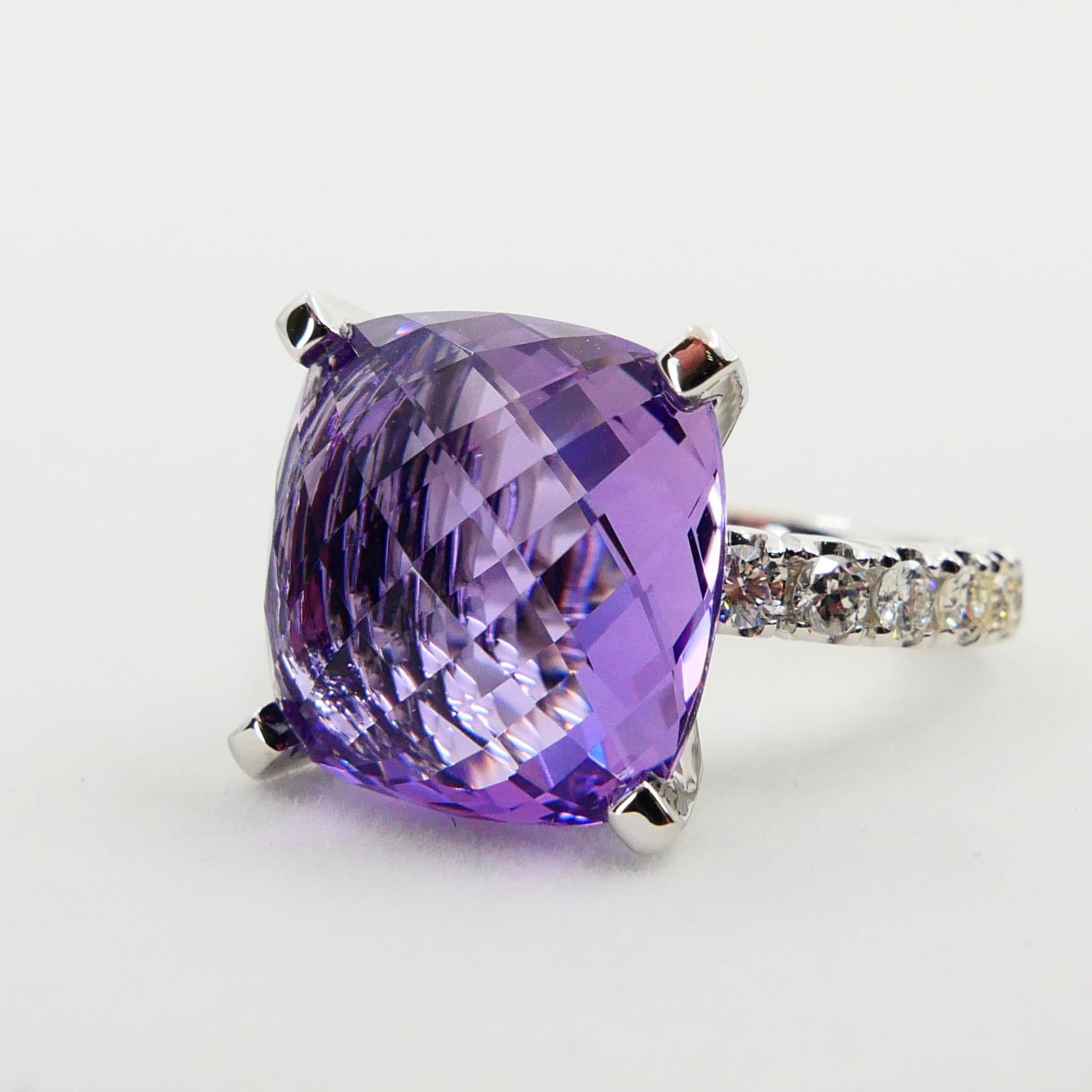 8.67 Carat Faceted Amethyst and Diamond Cocktail Ring, 18 Karat White Gold For Sale 10