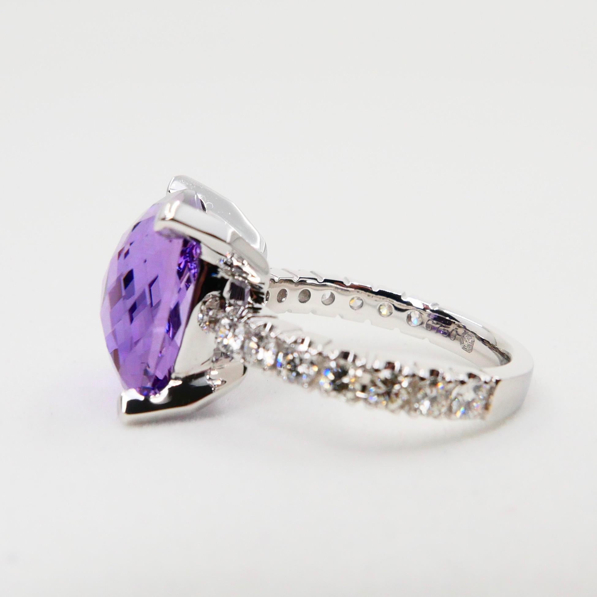 8.67 Carat Faceted Amethyst and Diamond Cocktail Ring, 18 Karat White Gold In New Condition For Sale In Hong Kong, HK