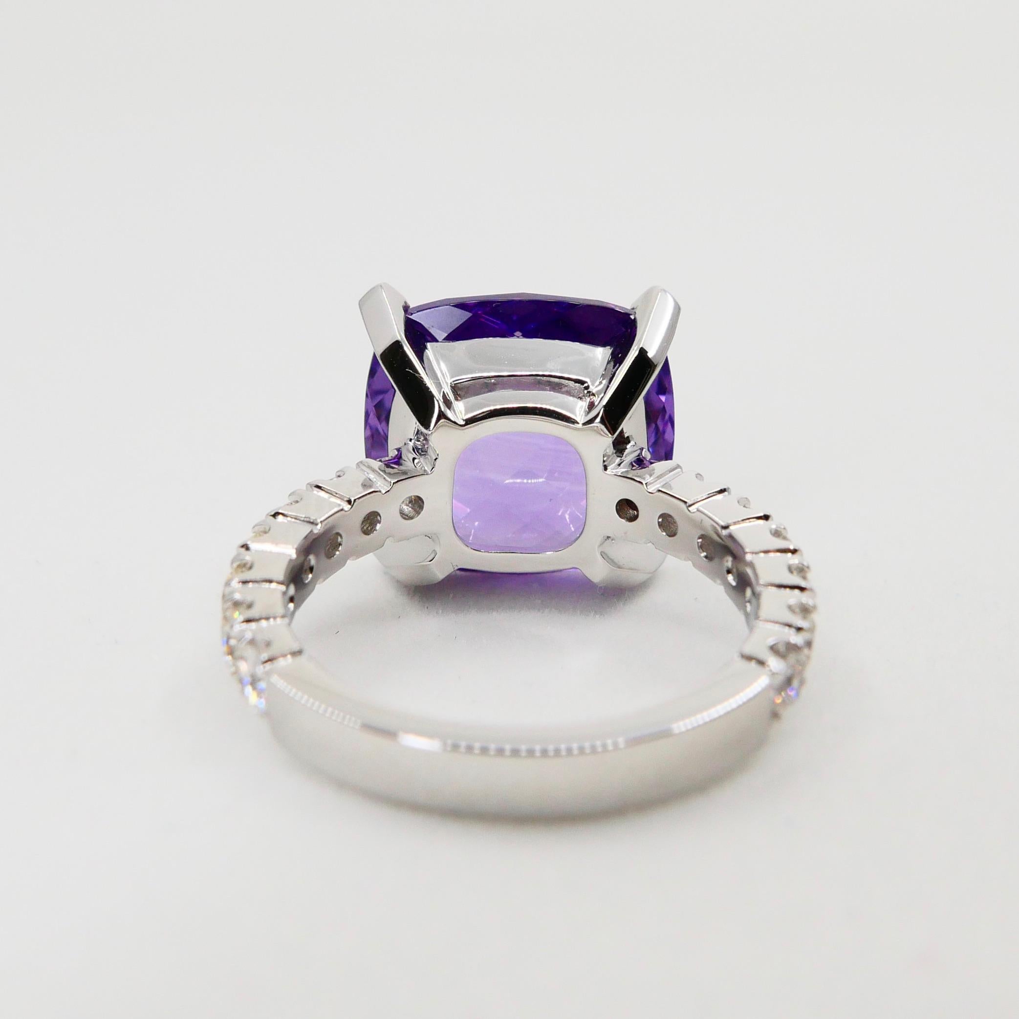 Women's 8.67 Carat Faceted Amethyst and Diamond Cocktail Ring, 18 Karat White Gold For Sale