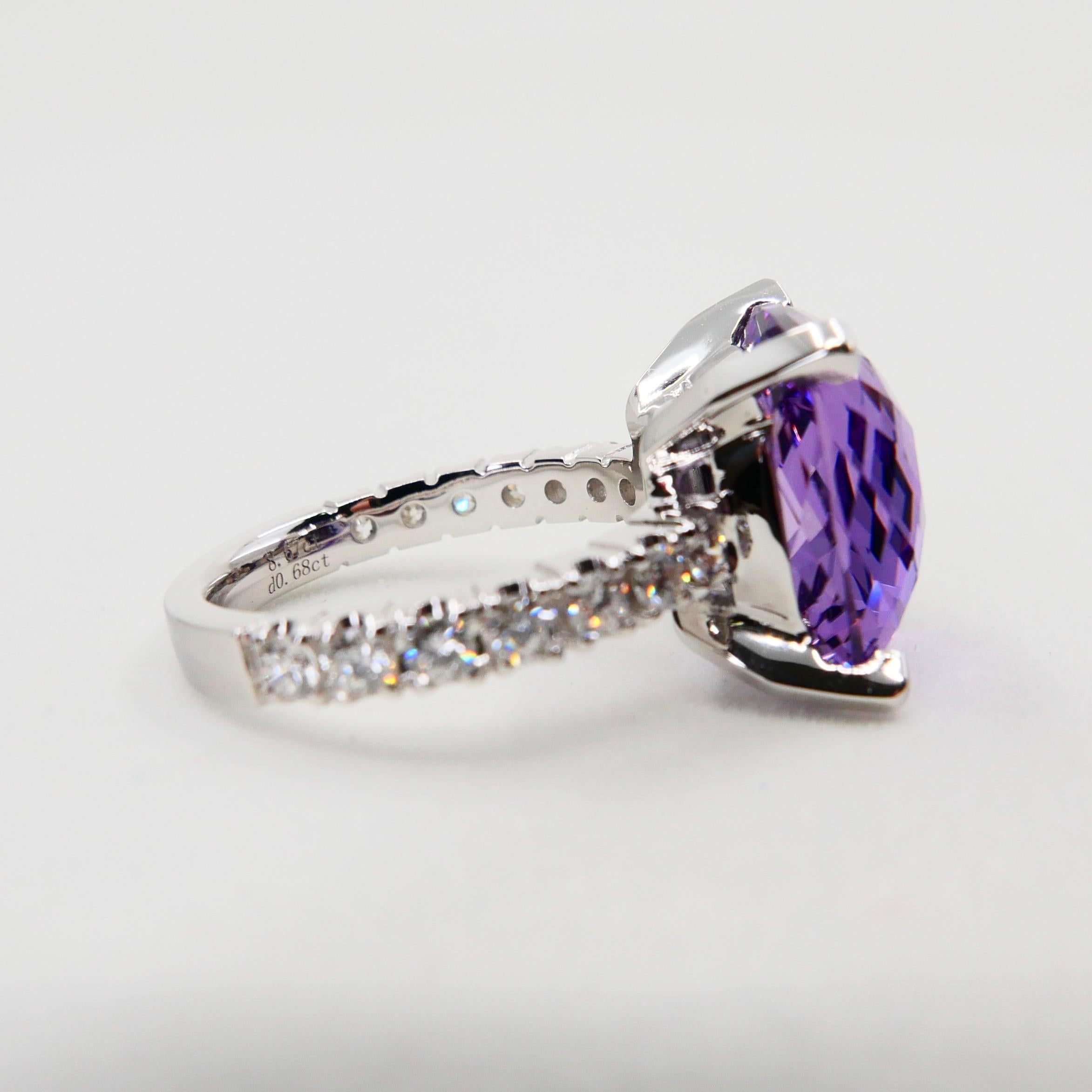 8.67 Carat Faceted Amethyst and Diamond Cocktail Ring, 18 Karat White Gold For Sale 1