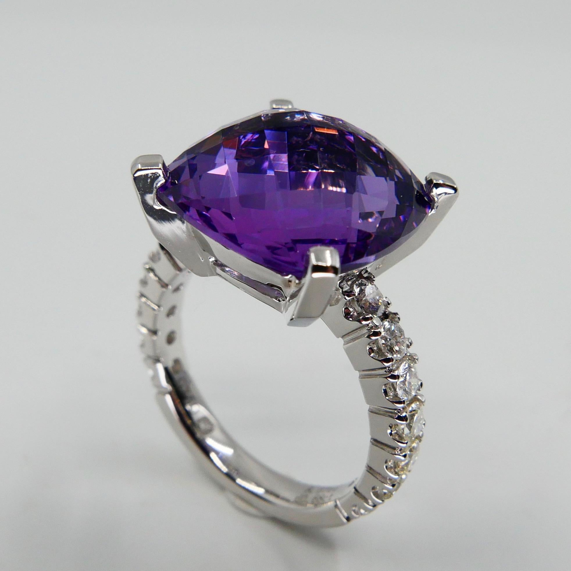 8.67 Carat Faceted Amethyst and Diamond Cocktail Ring, 18 Karat White Gold For Sale 2