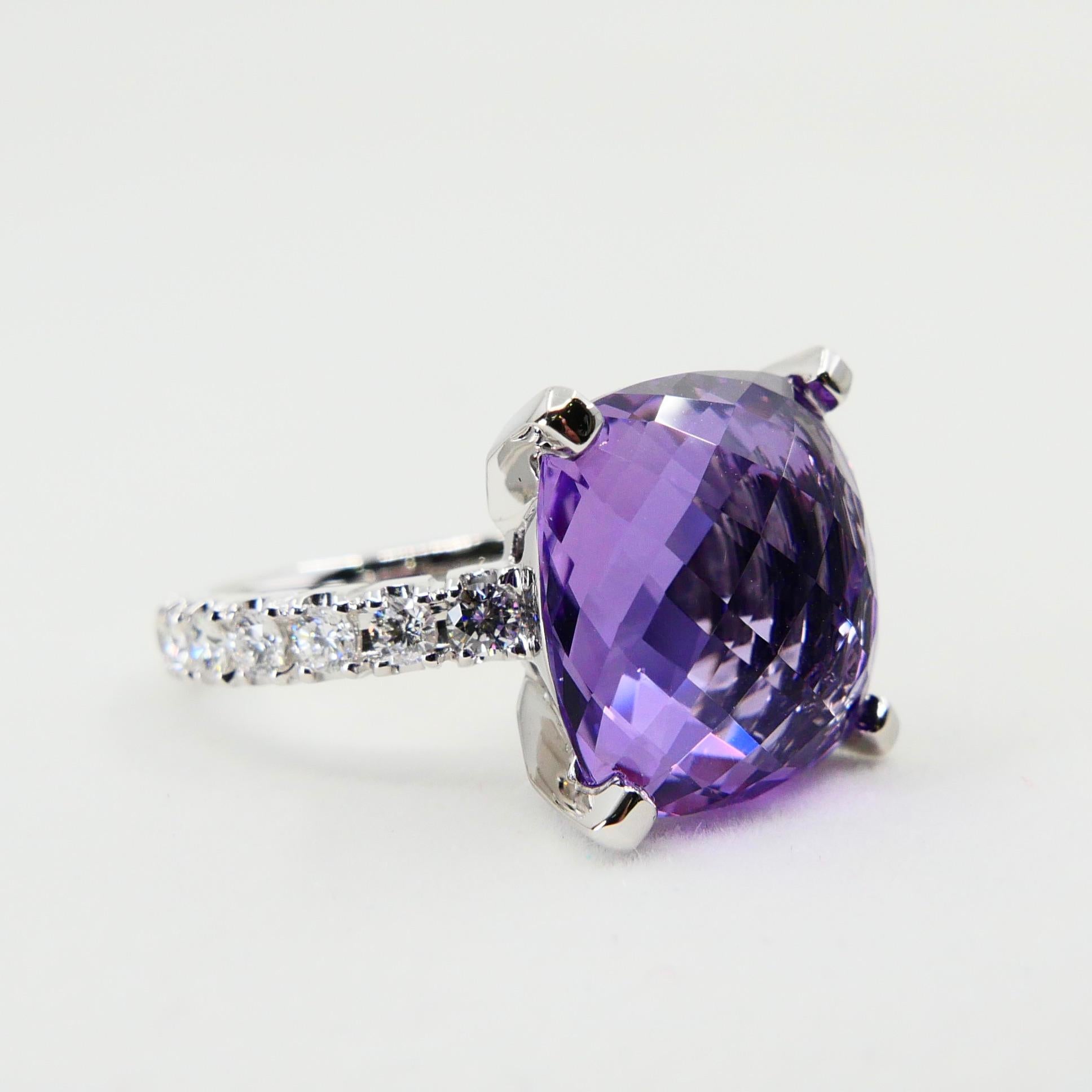 8.67 Carat Faceted Amethyst and Diamond Cocktail Ring, 18 Karat White Gold For Sale 3