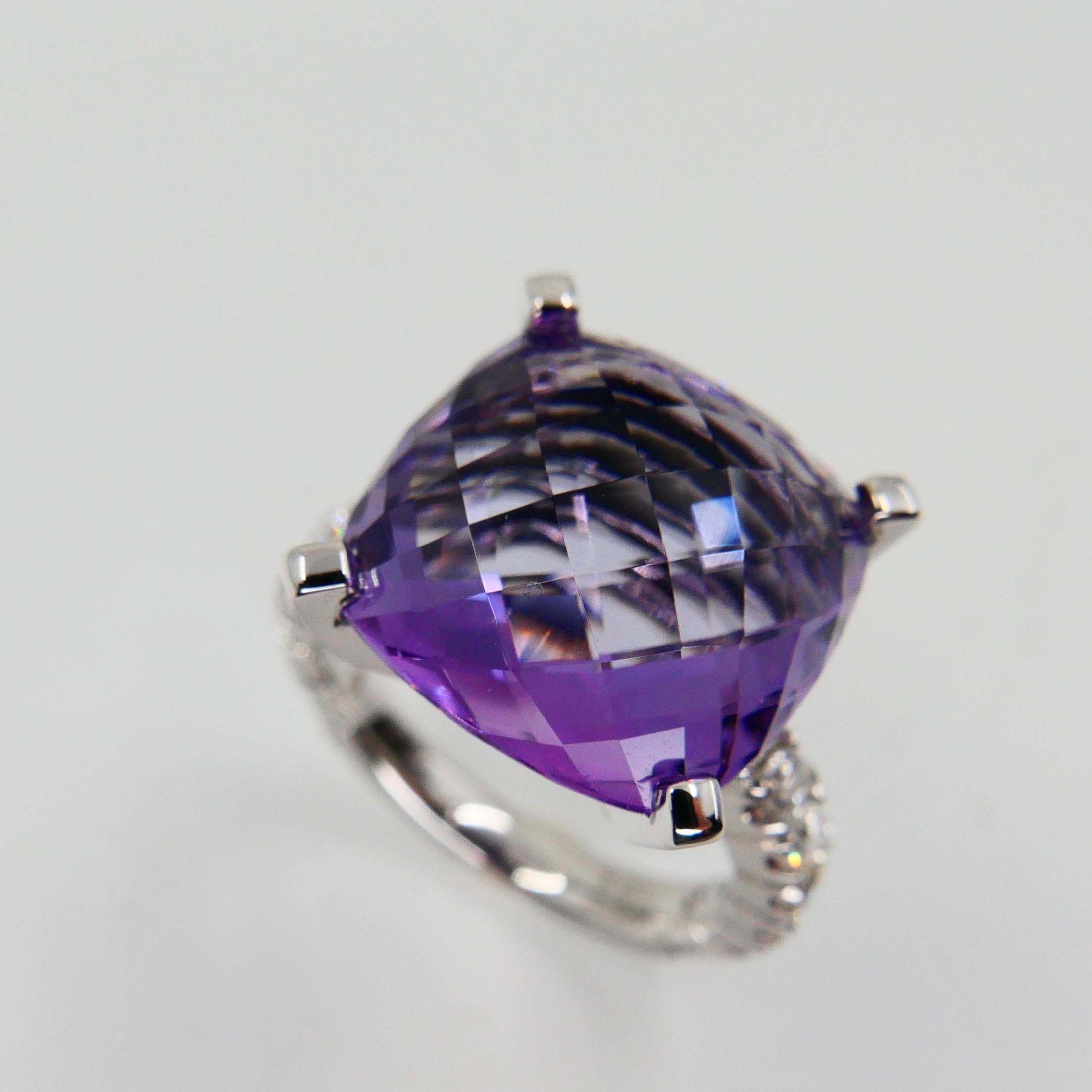 8.67 Carat Faceted Amethyst and Diamond Cocktail Ring, 18 Karat White Gold For Sale 4