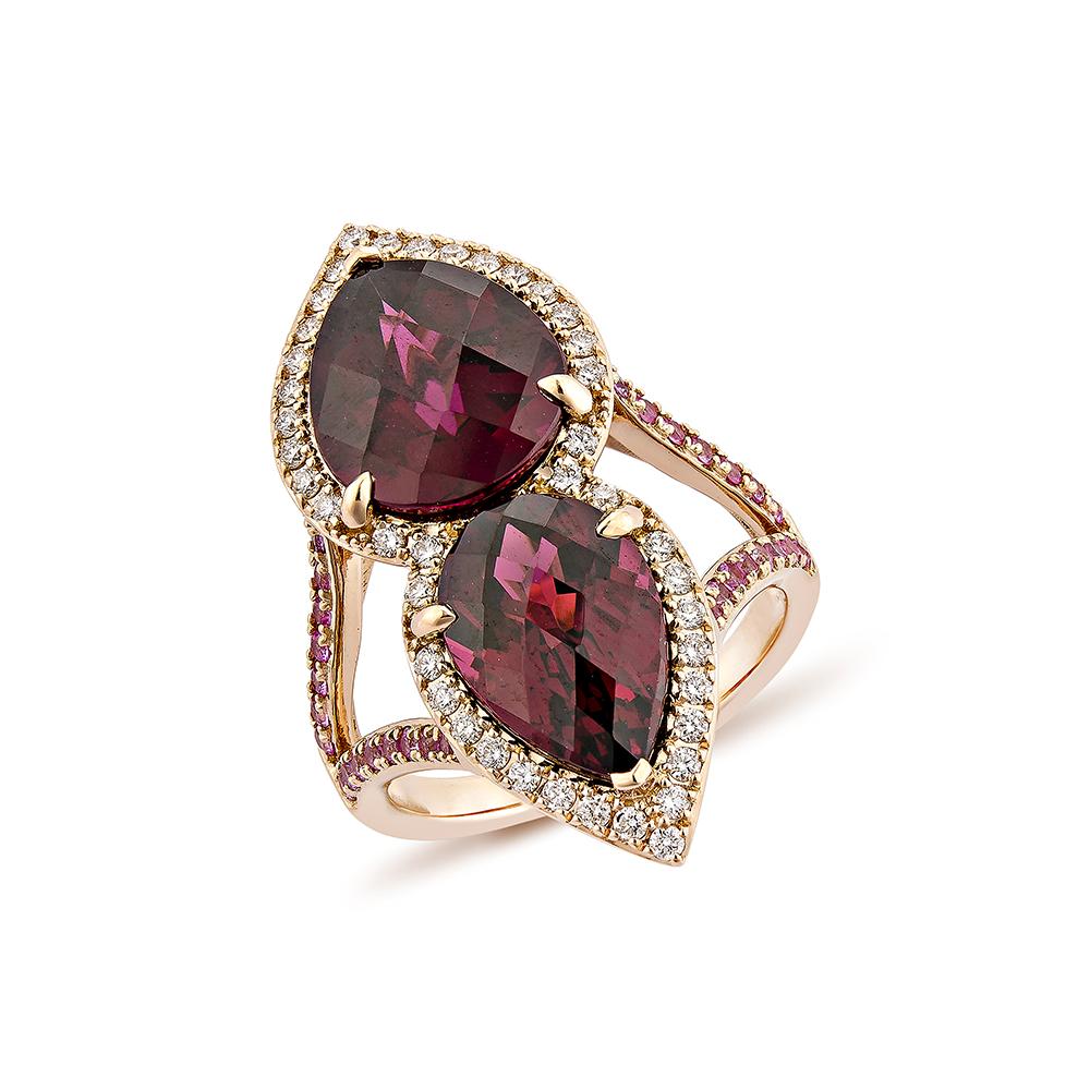 Contemporary 8.67 Carat Rhodolite Fancy Ring in 18KRG with Pink Sapphire & White Diamond.   For Sale