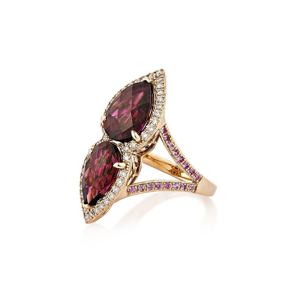 Pear Cut 8.67 Carat Rhodolite Fancy Ring in 18KRG with Pink Sapphire & White Diamond.   For Sale