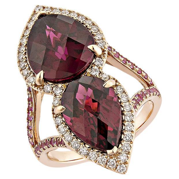 8.67 Carat Rhodolite Fancy Ring in 18KRG with Pink Sapphire & White Diamond.  