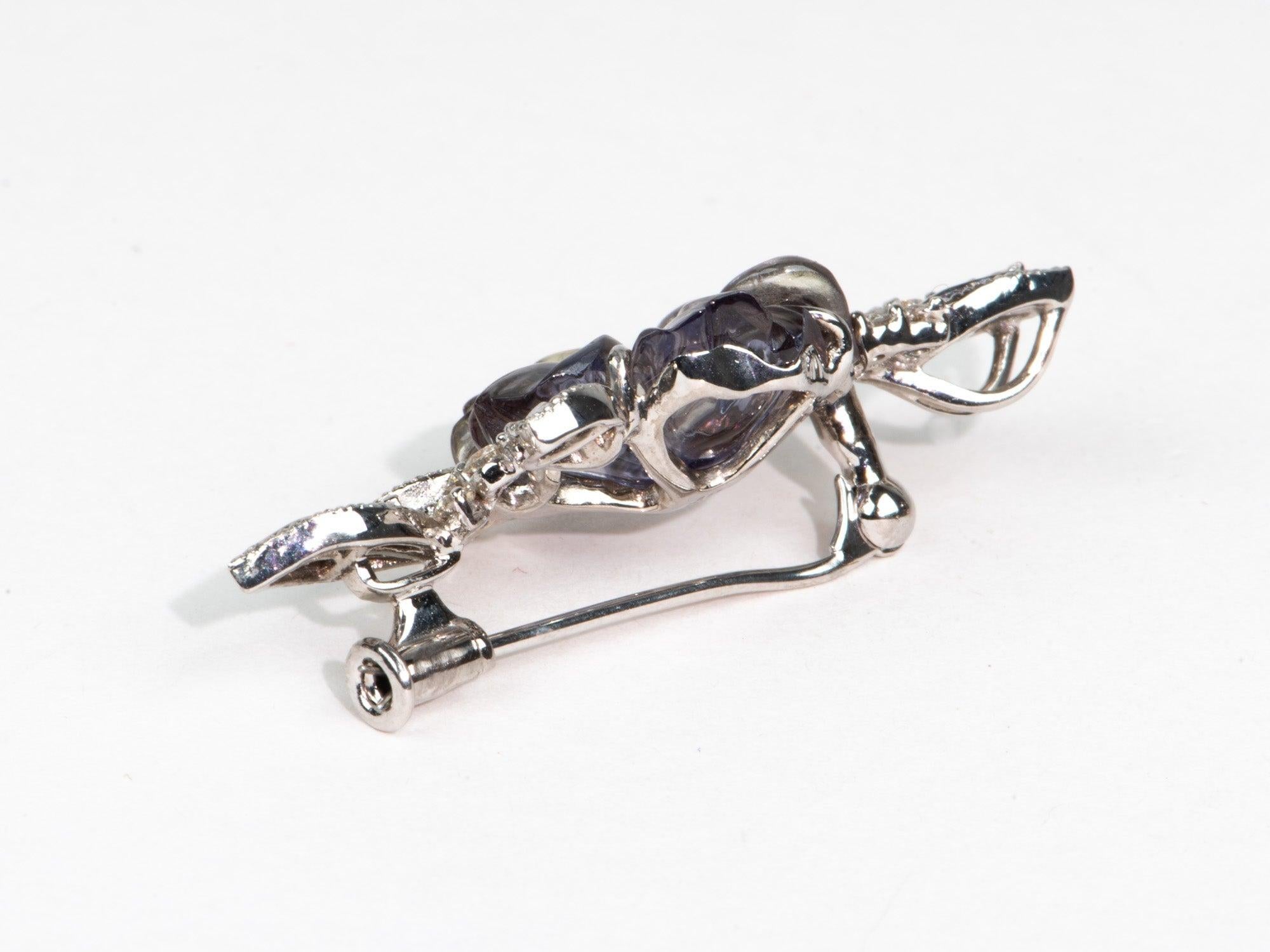 Uncut 8.67ct Tanzanite Flower Carving with Diamond Pendant Brooch 18K White Gold 6.8g For Sale