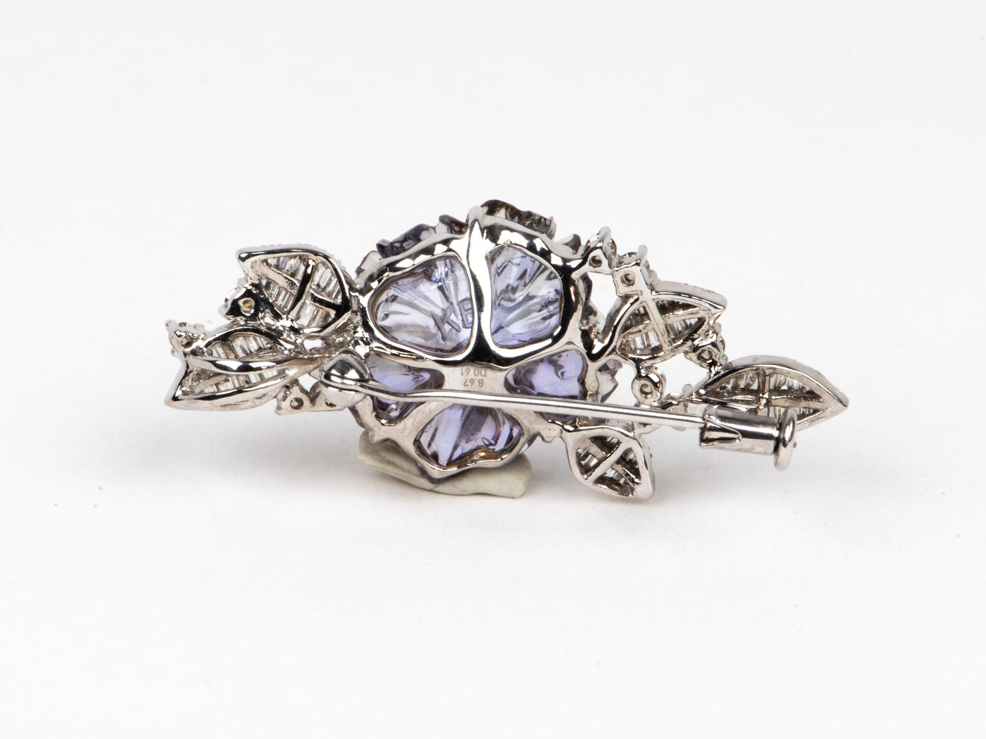 8.67ct Tanzanite Flower Carving with Diamond Pendant Brooch 18K White Gold 6.8g In Good Condition For Sale In Osprey, FL