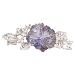 8.67ct Tanzanite Flower Carving with Diamond Pendant Brooch 18K White Gold 6.8g