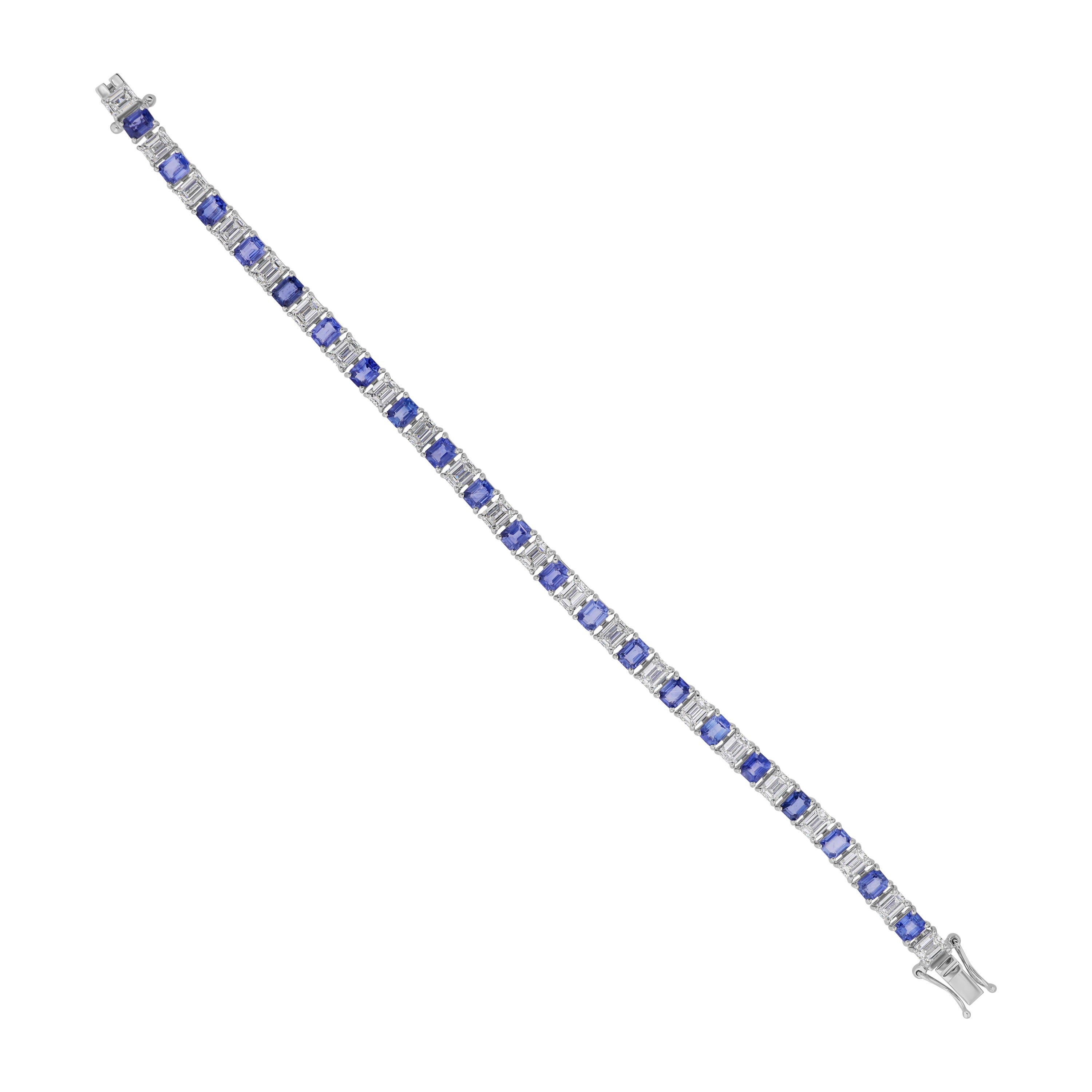 8.68 Carat Blue Sapphire 6.91 Carat SI/H Diamond Bracelet 18 Karat White Gold For Sale