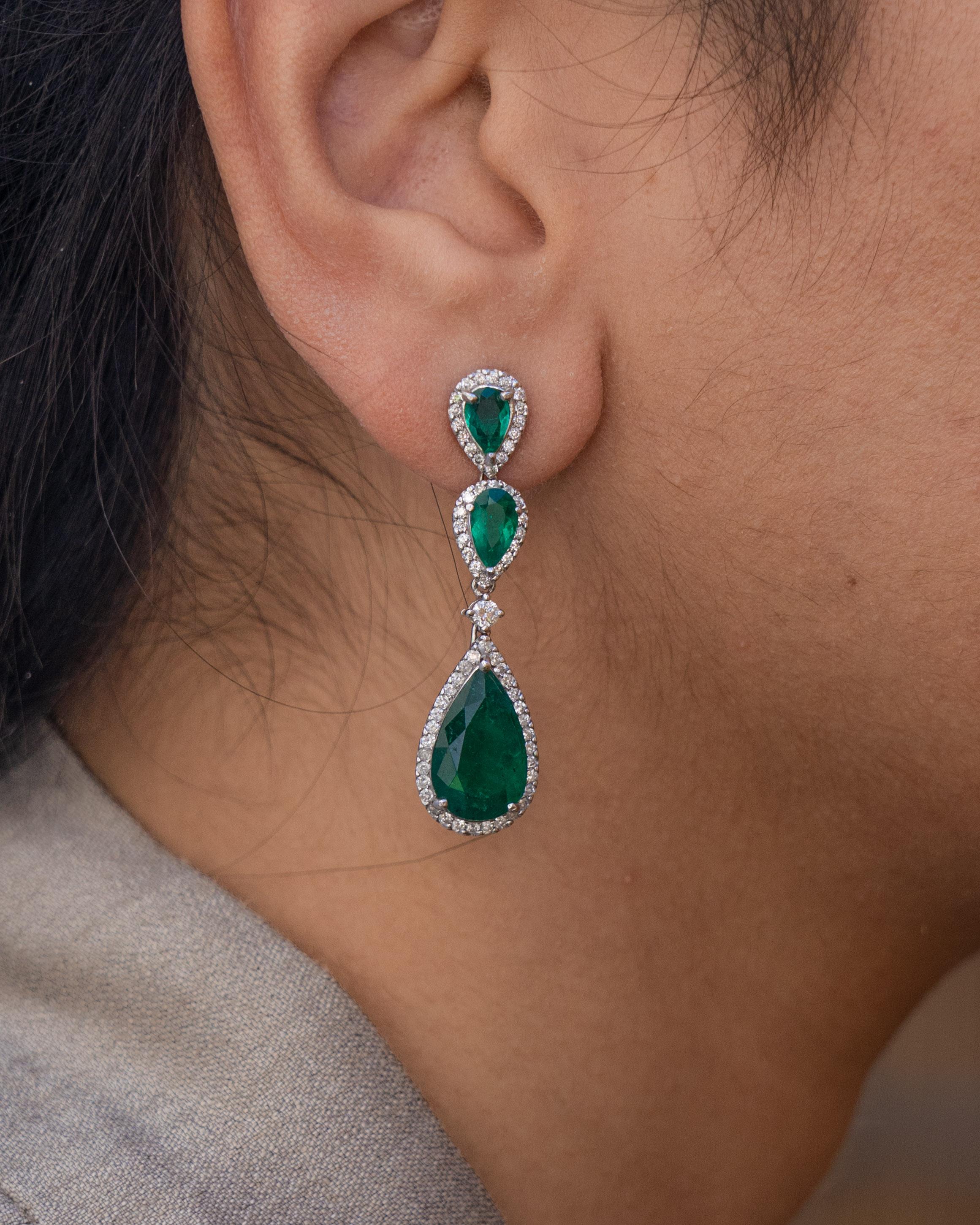 Modern 8.68 Carat Emerald and Diamond Dangle Earrings For Sale