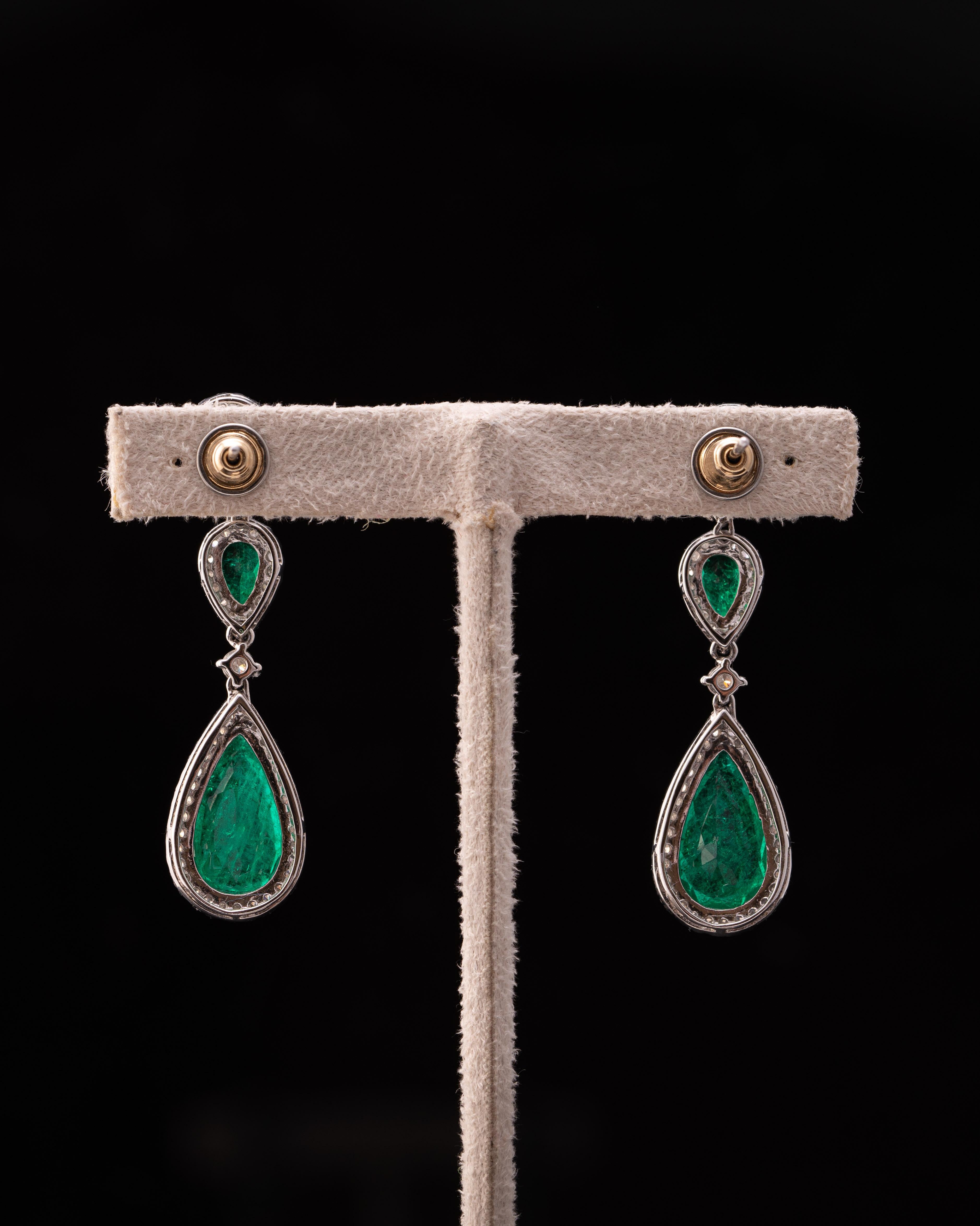 Pear Cut 8.68 Carat Emerald and Diamond Dangle Earrings For Sale