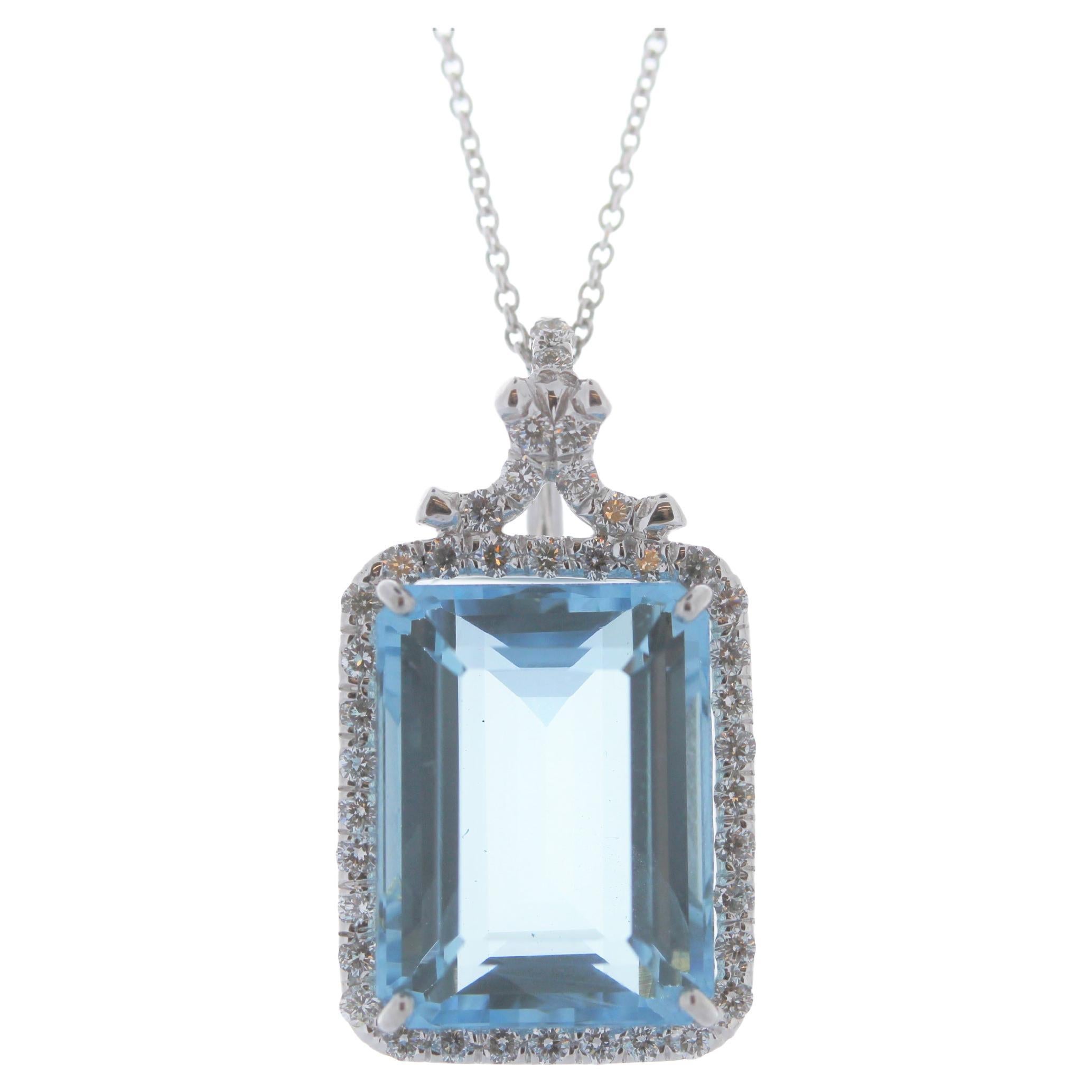 8.68 Carat Emerald Cut Aquamarine & Diamond Pendant Necklace in 18 K White Gold
