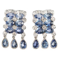 8.68 CT Natural Blue Sapphire 0.75 CT Diamonds 18K White Gold Drop Earrings