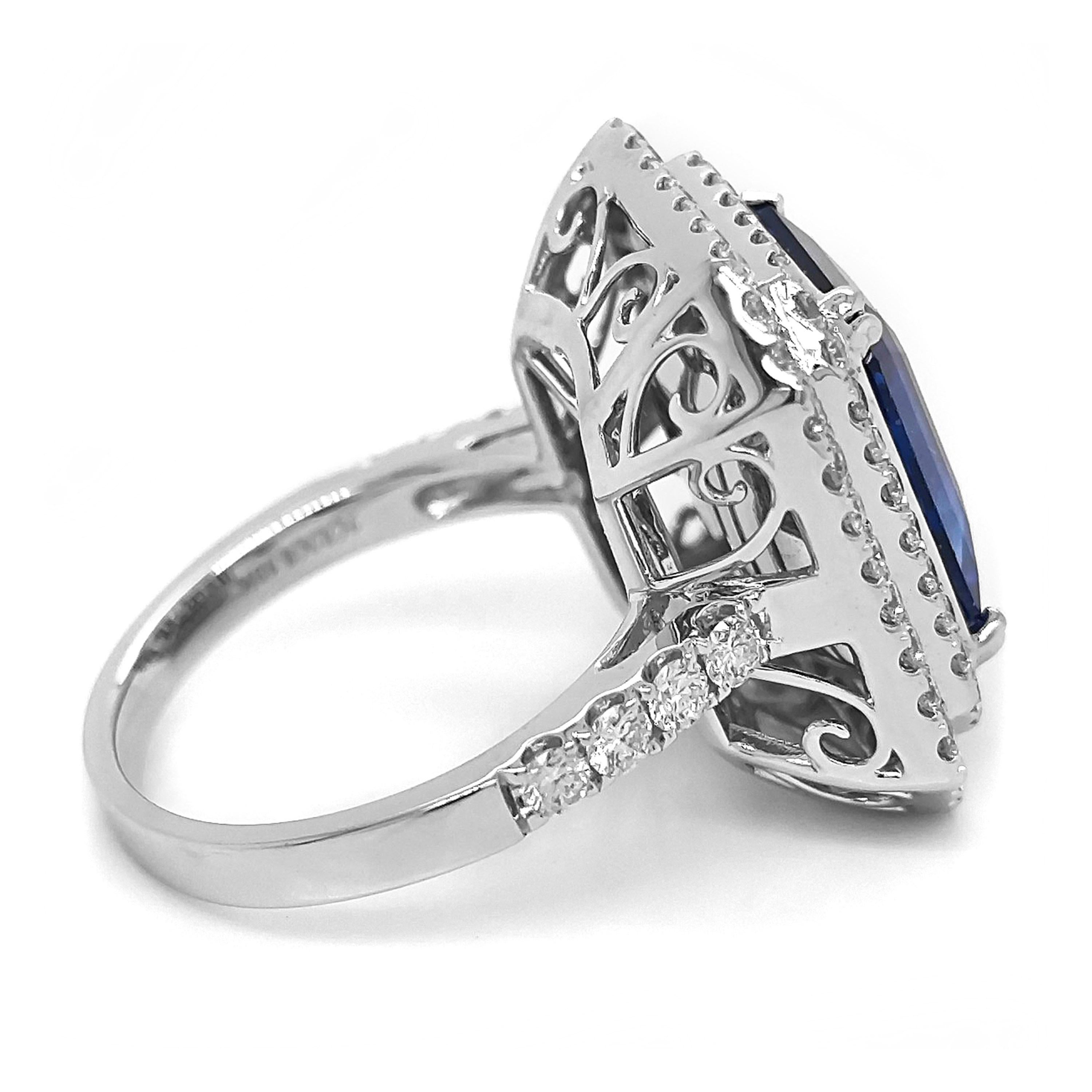 1 Sapphire Gemstone: 7.44 Carats
8 White Round Diamonds: 0.33 Carats
72 White Round Diamonds: 0.92 Carats
Metal: 18K White Gold, 9.80 Grams
