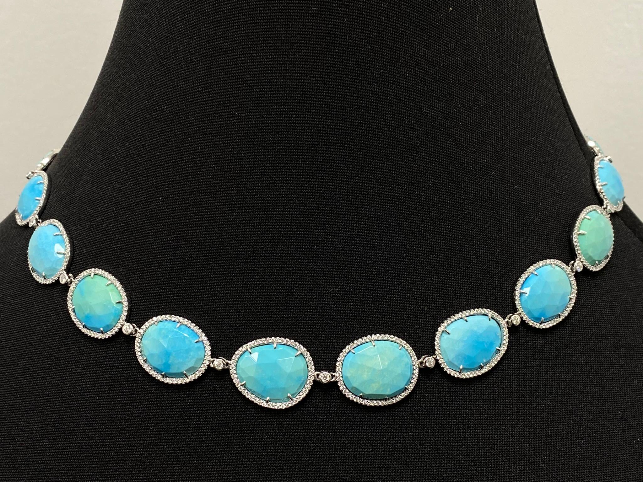 86.97 Carat Rose Cut Turquoise and Diamond Necklace In New Condition In Great Neck, NY