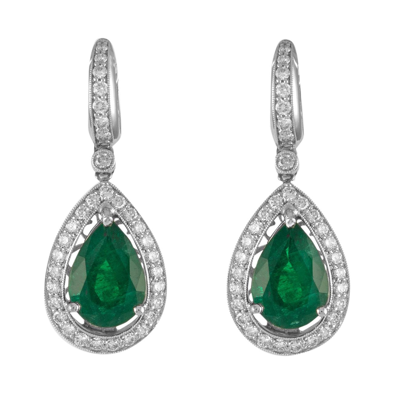 8.69ct Pear Emeralds with Diamonds Drop Earrings 18k White Gold