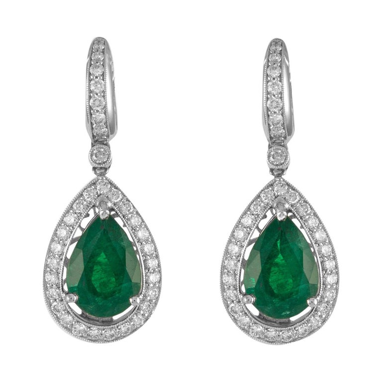 8.69ct Pear Emeralds with Diamonds Drop Earrings 18k White Gold For ...
