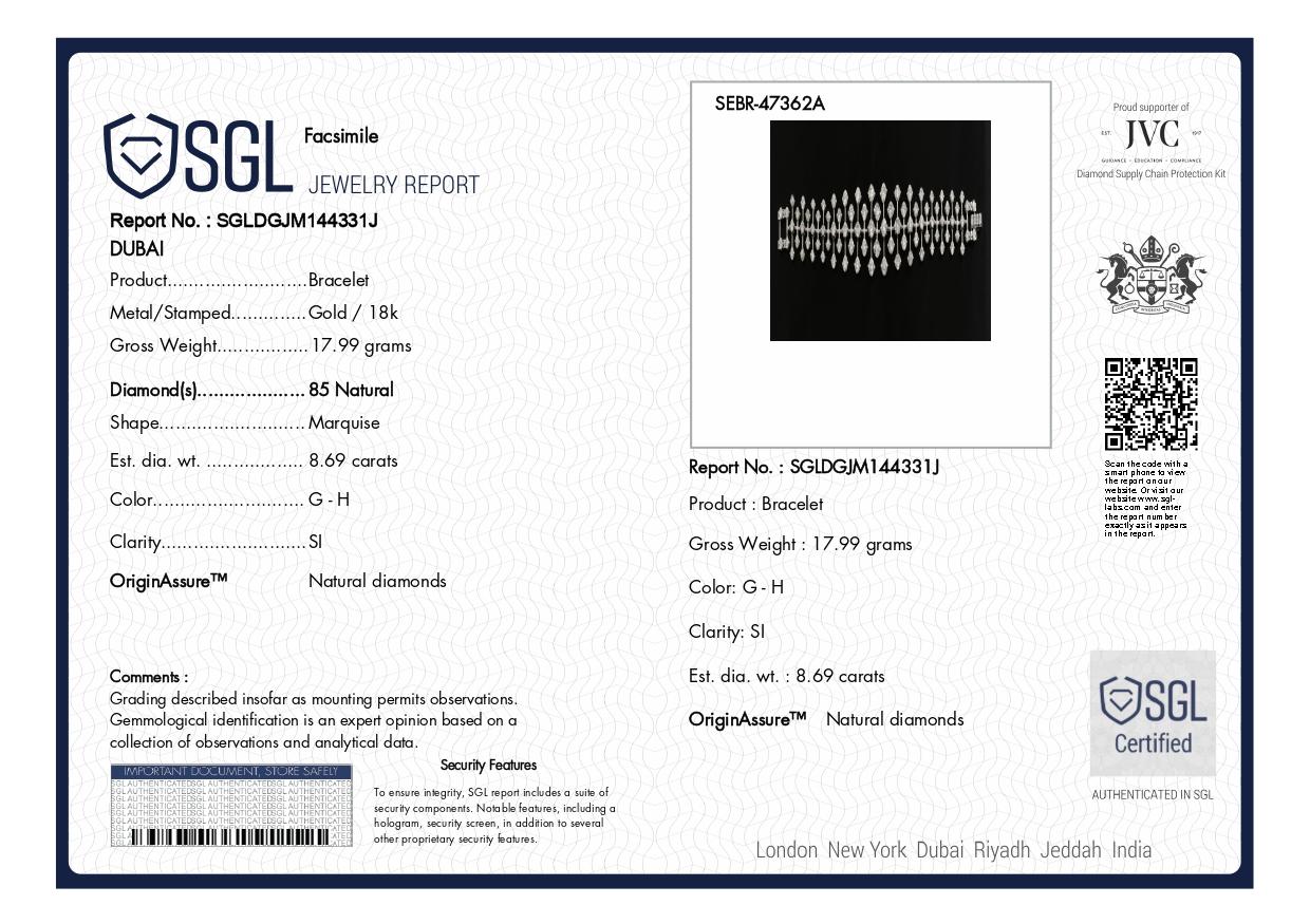 Taglio marquise Bracciale con diamanti marquise da 8,69 carati SI/HI in oro bianco 18 carati certificato SGL in vendita
