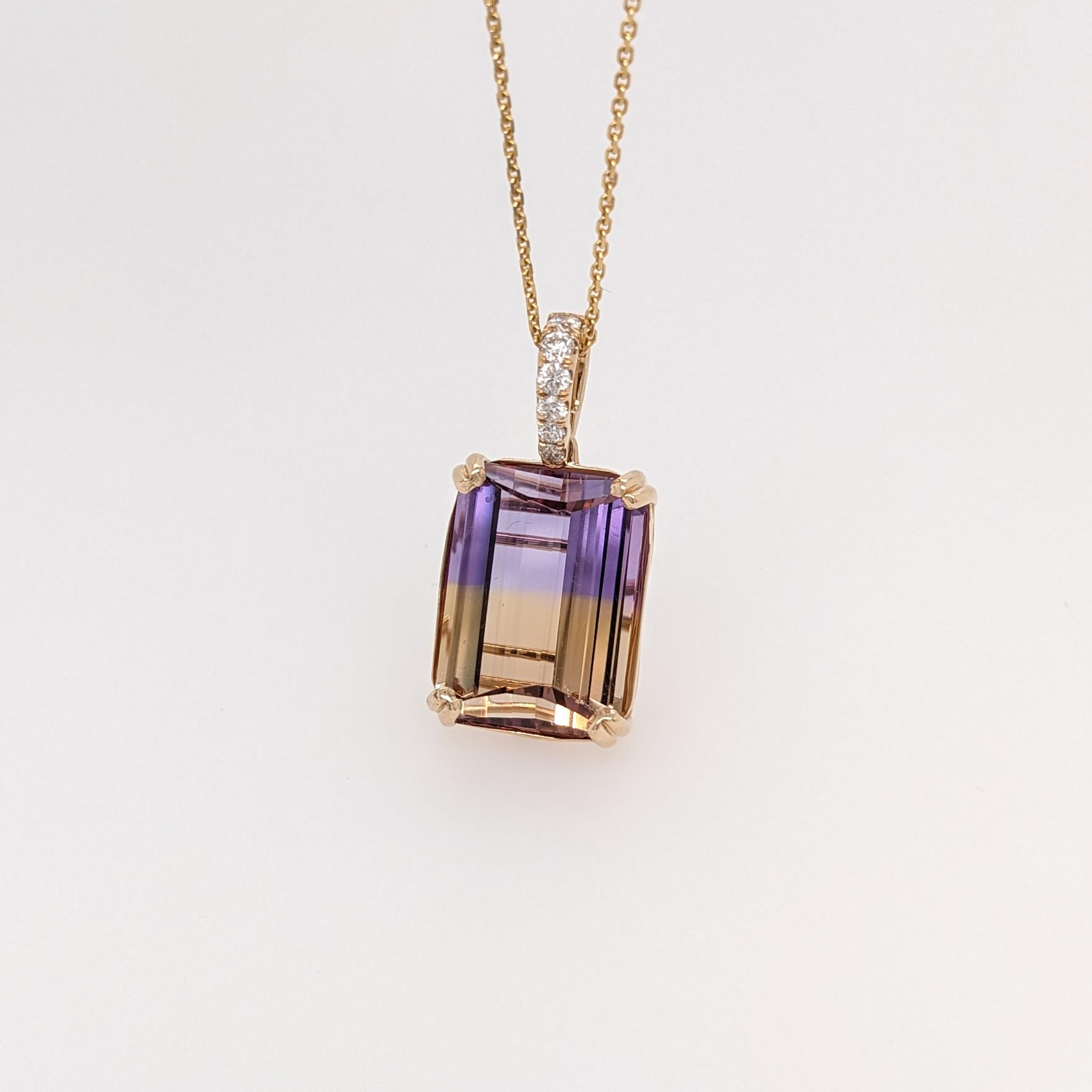 An adorable pendant featuring an Ametrine gemstone with gorgeous purple and yellow hues, highlighted by a 14k Gold setting and natural diamond accents. A beautiful pendant to add to your daily wardrobe!

Fun Fact: Ametrine is a combination of