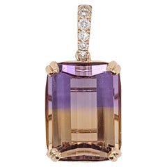 8.6ct Ametrine Pendant w Diamond Bail in Solid 14K Yellow Gold Barrel Cut 16x12