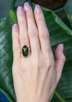 8.6Ct Black Opal Ring with Natural Diamond Accents: Solid 14K Gold, 20x11.5mm