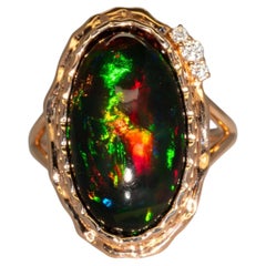8.6Ct Black Opal Ring with Natural Diamond Accents: Solid 14K Gold, 20x11.5mm