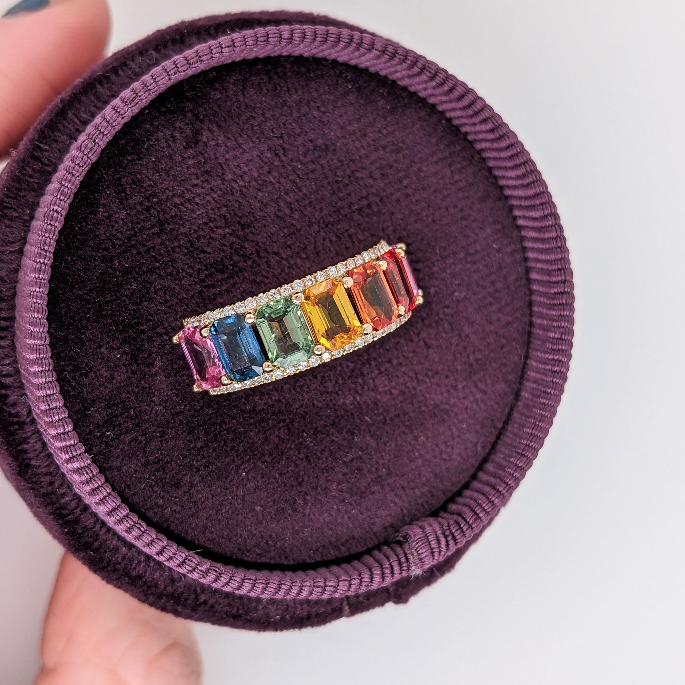 8.6ct Rainbow Sapphire w Diamond Accents in Solid 14k Gold Emerald Cut 5x4mm For Sale 2