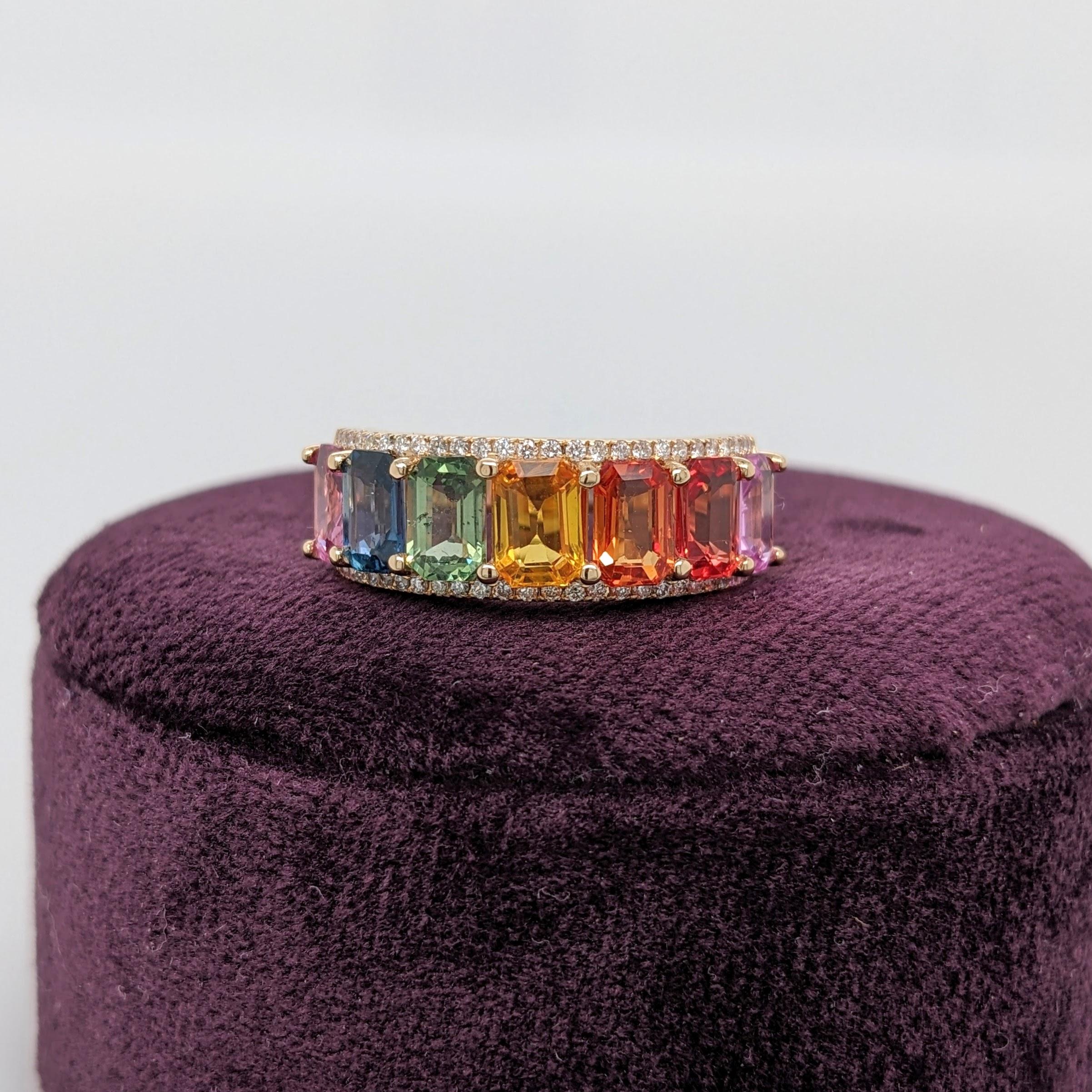 8.6ct Rainbow Sapphire w Diamond Accents in Solid 14k Gold Emerald Cut 5x4mm For Sale 3